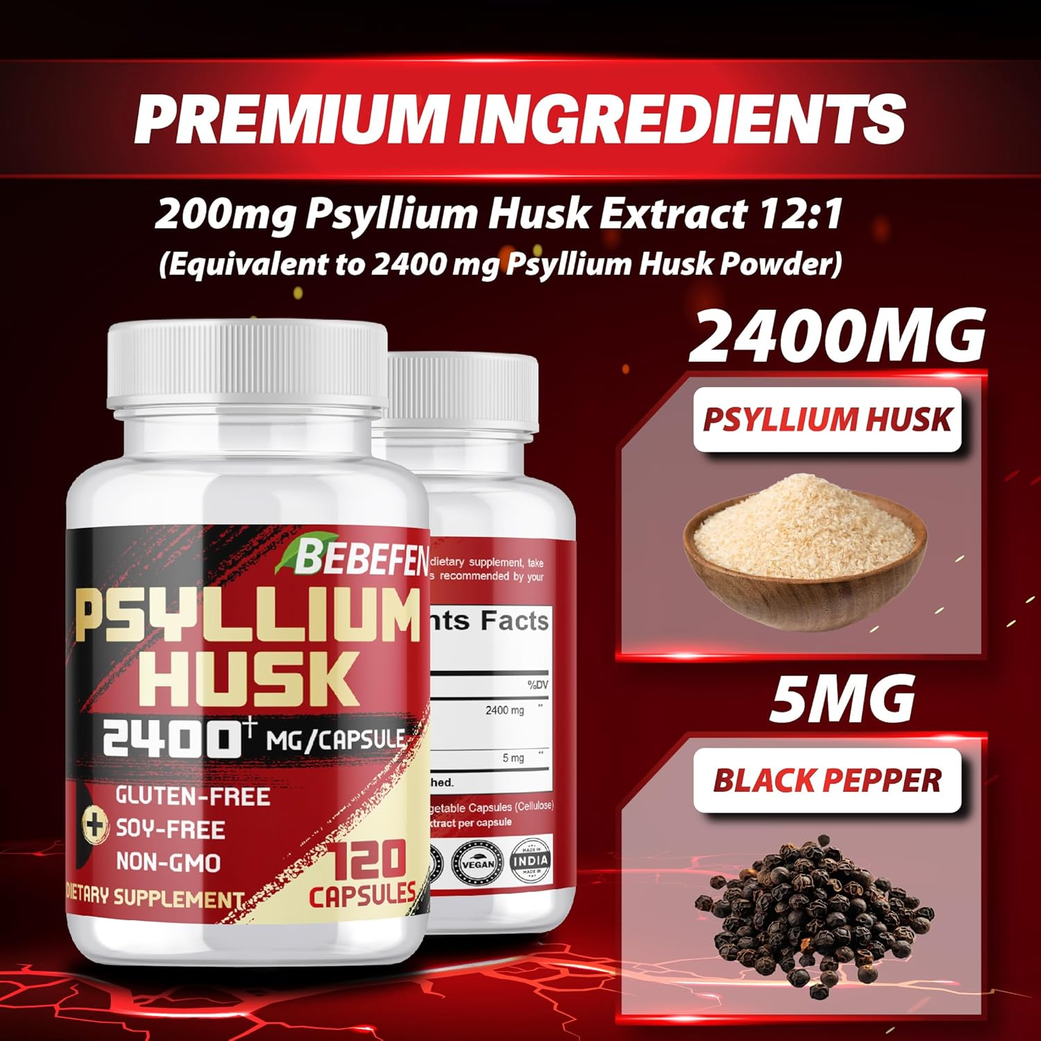 BEBEFEN Psyllium Husk Capsules 2400Mg with Black Pepper - 4 Month Supply - Non-Gmo and Gluten-Free Formula - 120 Capsules image number 3