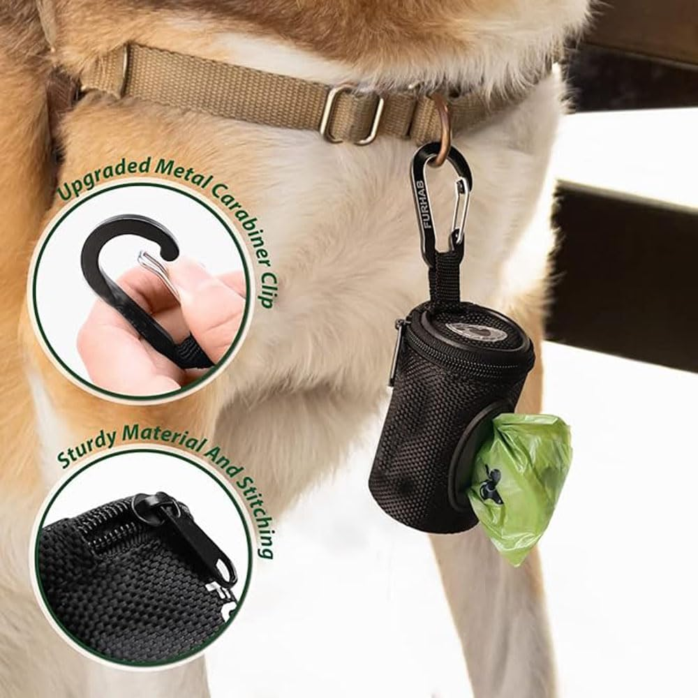 Dog Poop Bag Holder Dispenser for Leash, Compact Waste Bag Organizer and Carrier with 1 Roll Eco, Friendly Pet Trash Bags, Hands Free Doggy Poop Bag Clip for Walking, Training, Travel