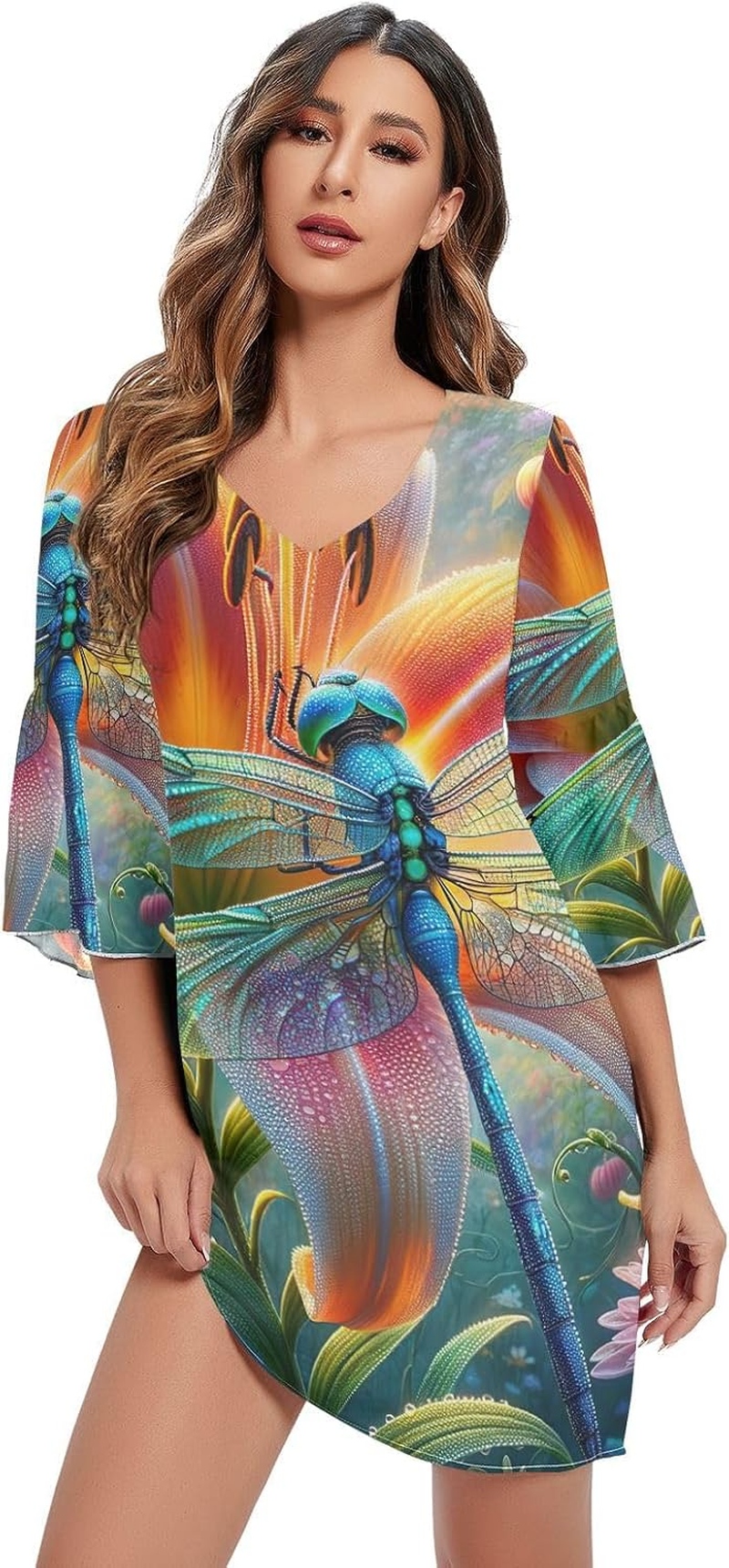 Beautiful Dragonfly Flowers Casual V Neck Dress 3/4 Sleeve Maternity Dress Party S-XXL