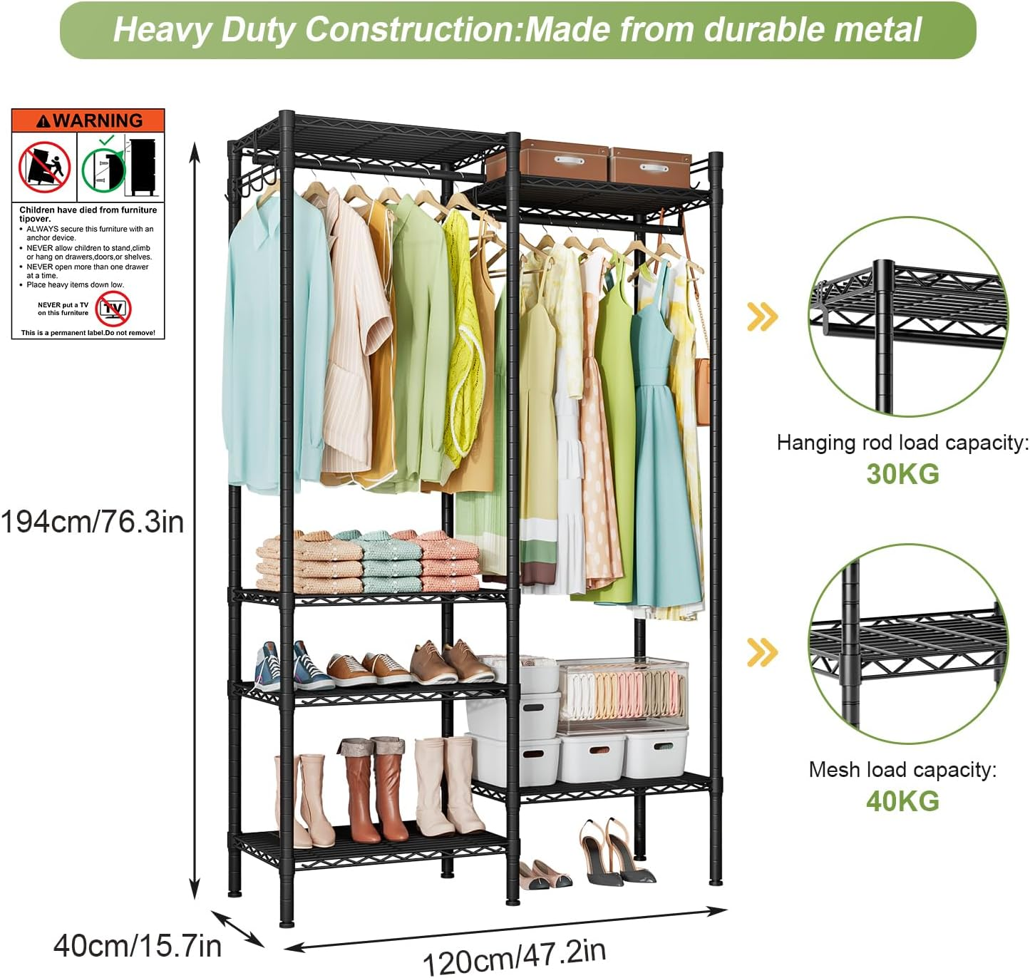 Clothes Rack Clothing Rack with 6 Shelves, Heavy Duty Garment Rack with Adjustable Shelves and Hanging Rods image number 5