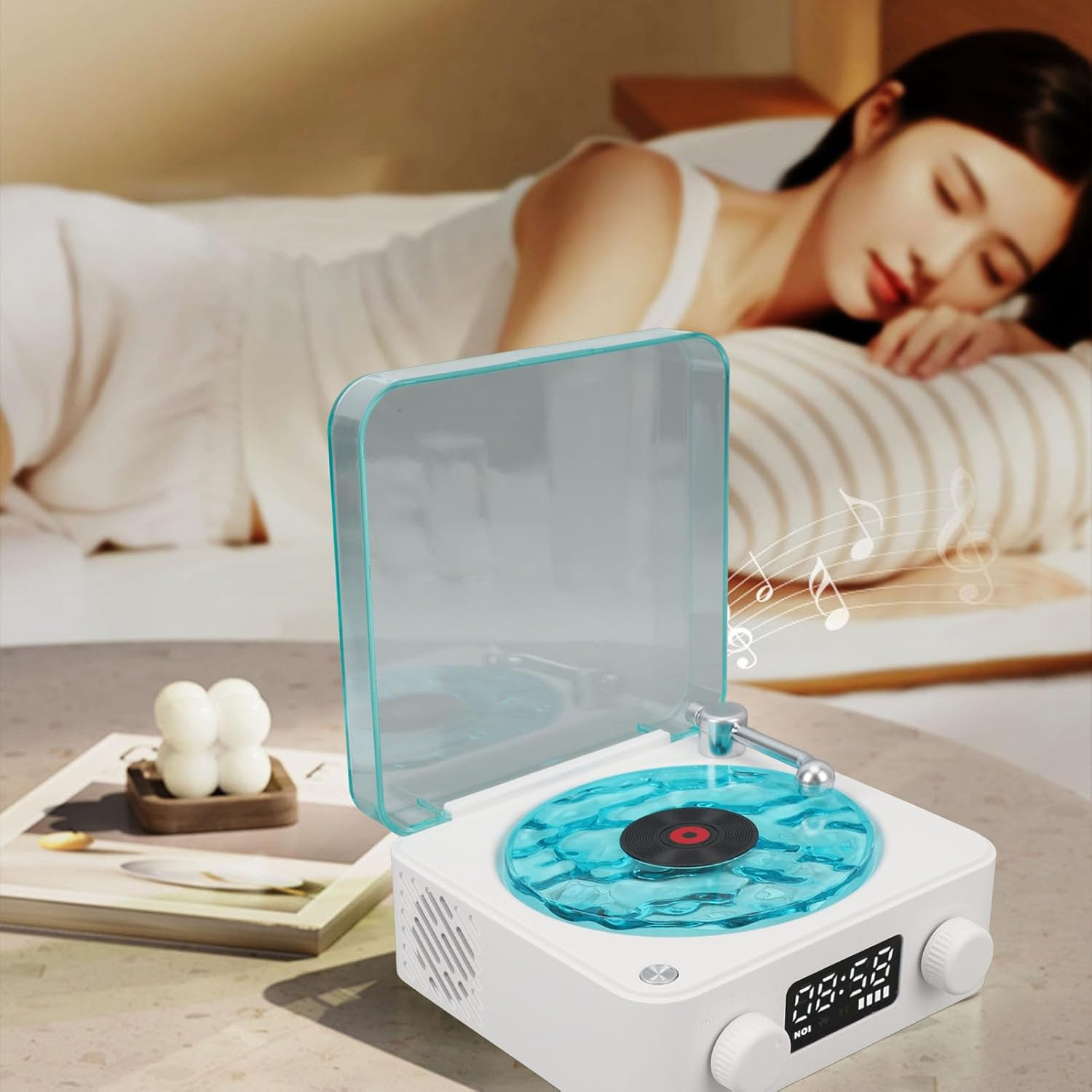 Vintage Record Player BT Speaker, Time Display Clock and Soft Night Light Design, Portable 4 Modes Cordless Turntable Stereo Speaker for Home Bedroom (White) image number 2