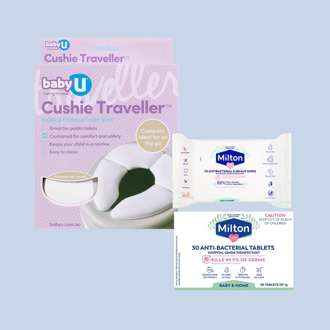 Babyu Cushie Traveller Folding Padded Toilet Seat + Milton Antibacterial Surface Wipes 30 Pack, White + Milton Antibacterial Tablets 30 Pack image number 4