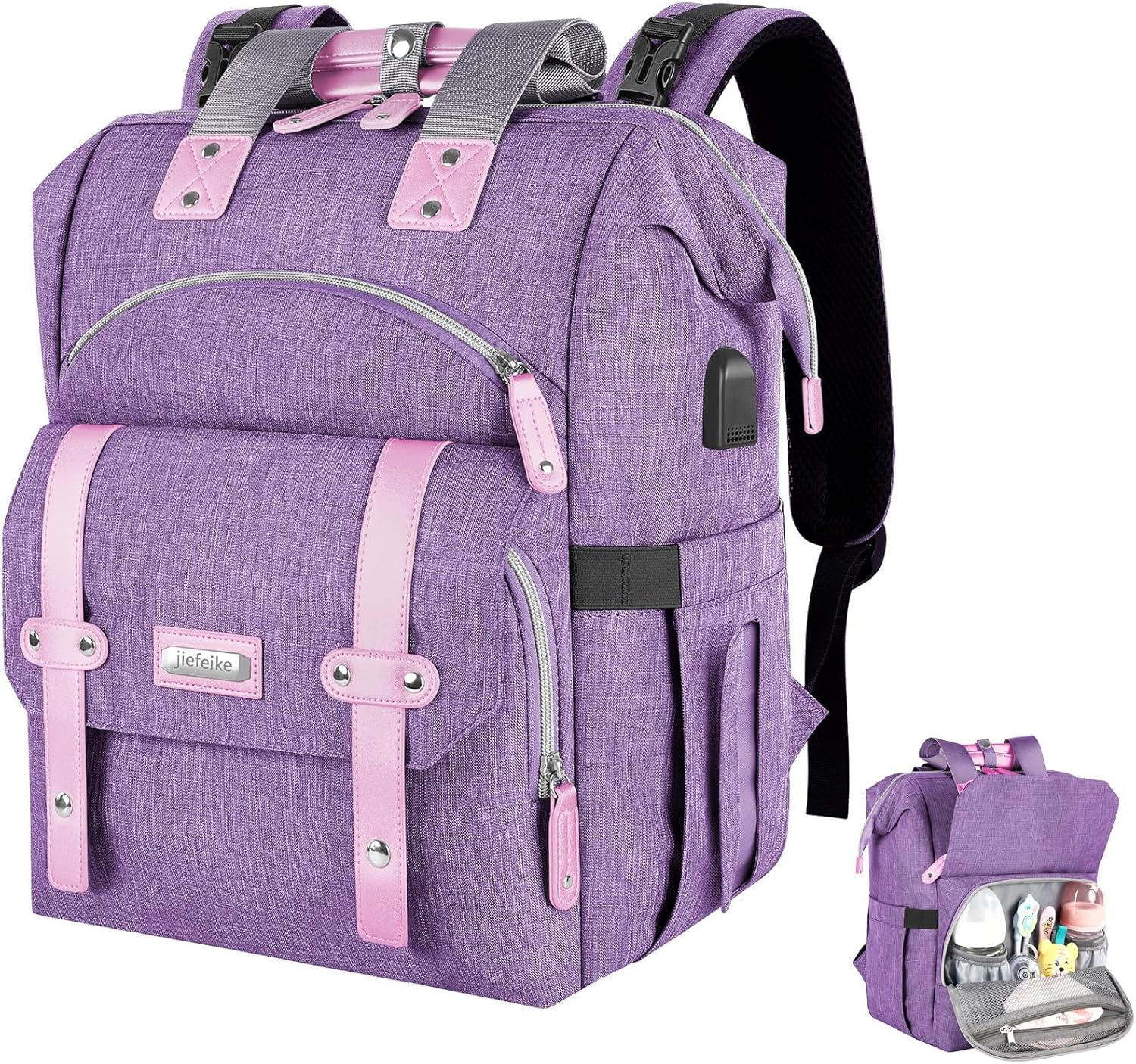 Nappy Changing Bag, Diaper Bag Backpack, Baby Diaper Bag for Mom, Travel Baby Bags Backpack for Women, Insulated Pockets Portable Toddler Diaper Bag with USB Charging Port, RFID Anti-Theft Pocket