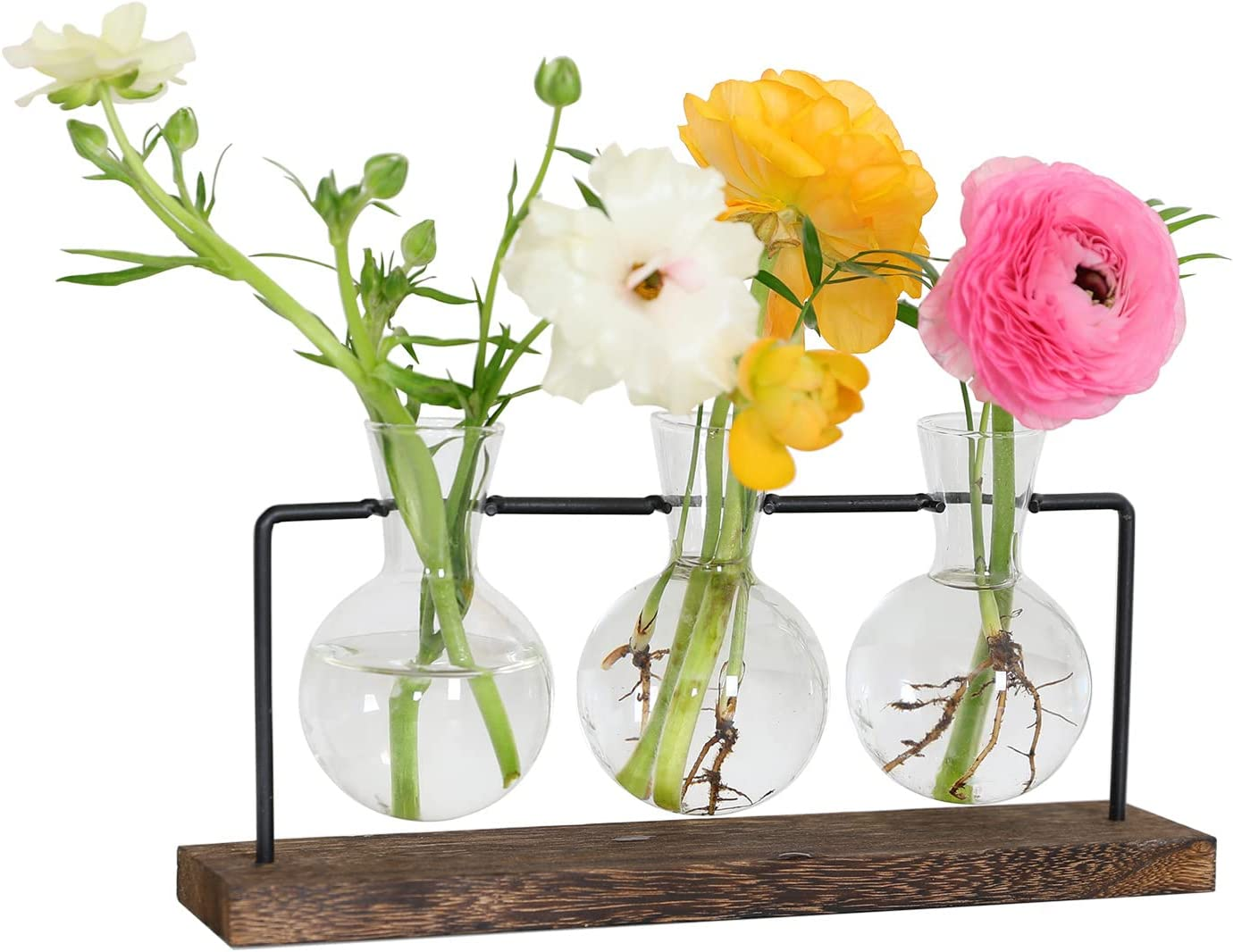 Plant Stand, 3Pcs Bulb Vases Wooden Stand, Terrarium Glass Planter for Hydroponic Plant, Christmas Home Decor (3 Bulb Vase, Brown) image number 3