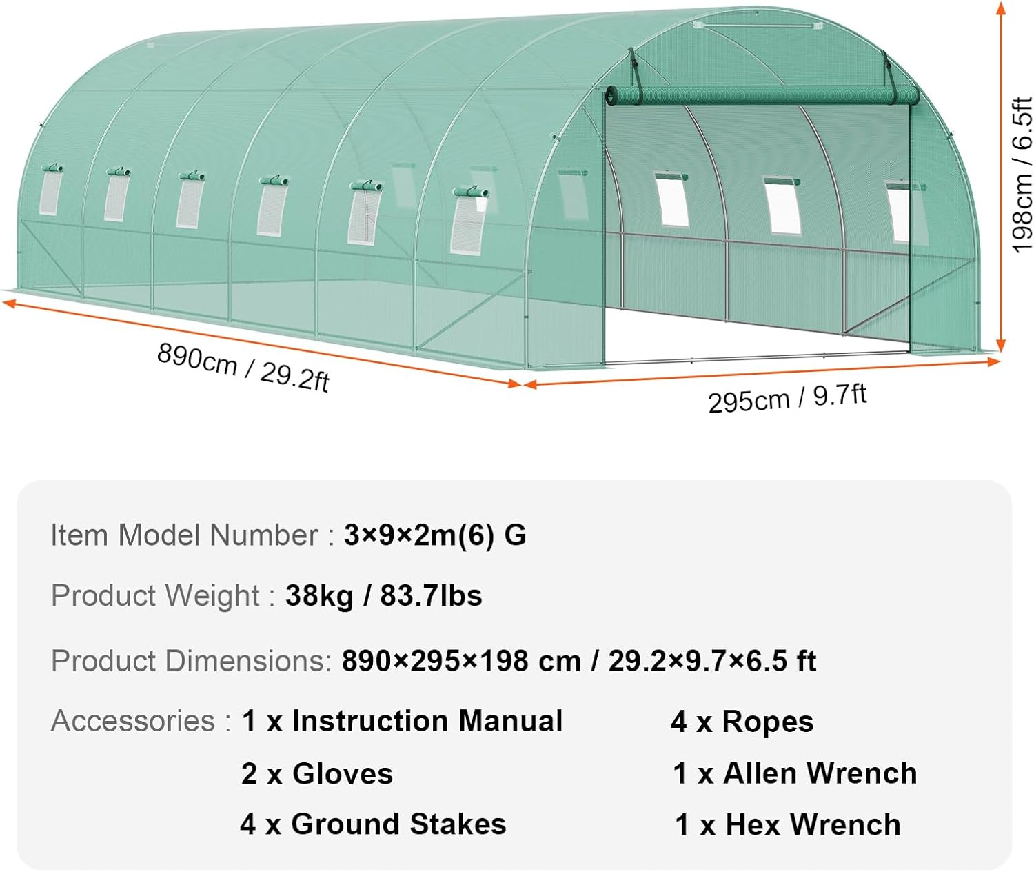 VEVOR Walk-In Tunnel Greenhouse, 29.2X9.7X6.5 Ft Hoop House Greenhouse Tunnel, Plant Hot House with Galvanized Steel Frame, Green PE Cover, Roll-Up Zipper Door and 12 Windows for Outdoor image number 3