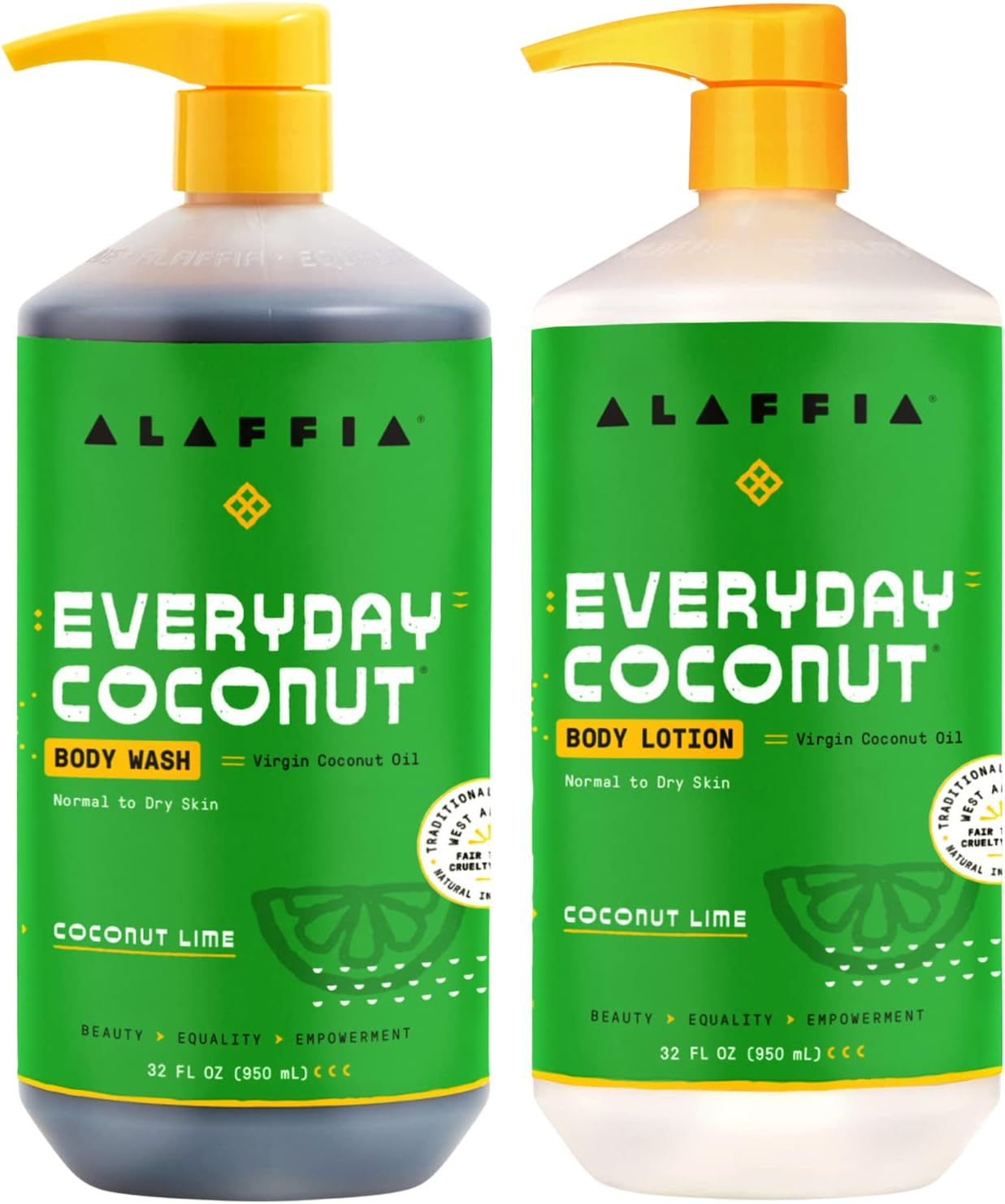 Alaffia Everyday Coconut Hydrating Body Lotion and Body Wash - Normal to Dry Skin, Moisturizing Support for Soft & Supple Skin, Moisturizes and Cleanses Toxins and Grime, Coconut Lime, 32 Fl Oz Each image number 2