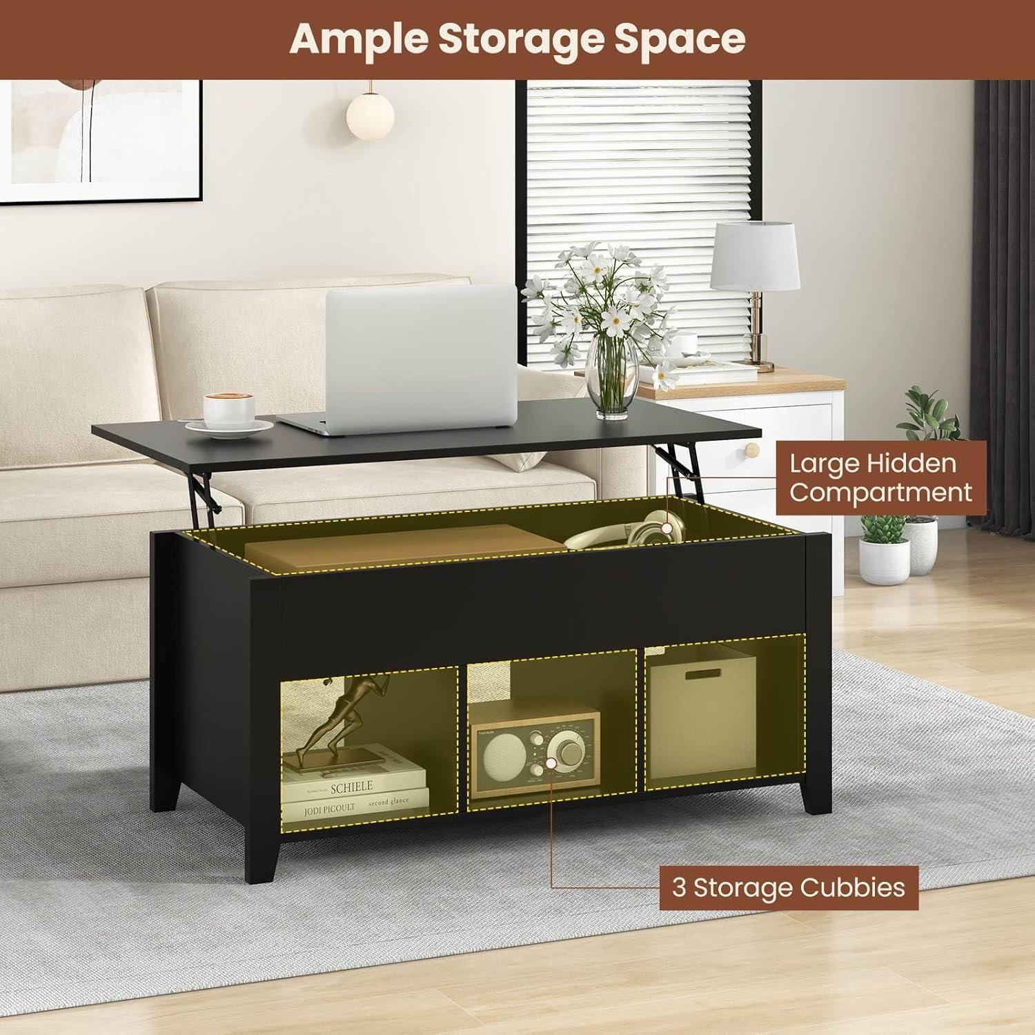 Giantex Lift up Coffee Table, Rising Center Table with Lift Top, Hidden Compartment & 3 Cubes, Modern Dining Accent Table Furniture for Living Room & Reception Room, Black image number 3