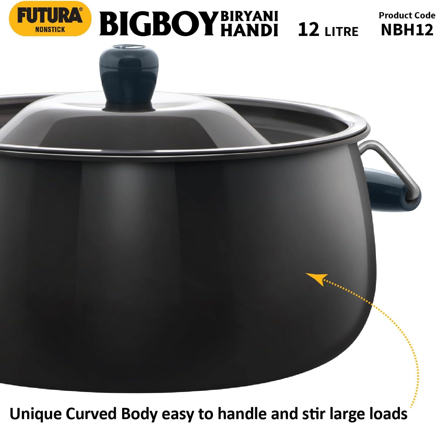 Hawkins Futura 12 Litre Bigboy Biryani Handi, Non Stick Pot with Hard Anodised Lid, Sauce Pan for Cooking and Serving Biriyani, Black (NBH12) Aluminium image number 3