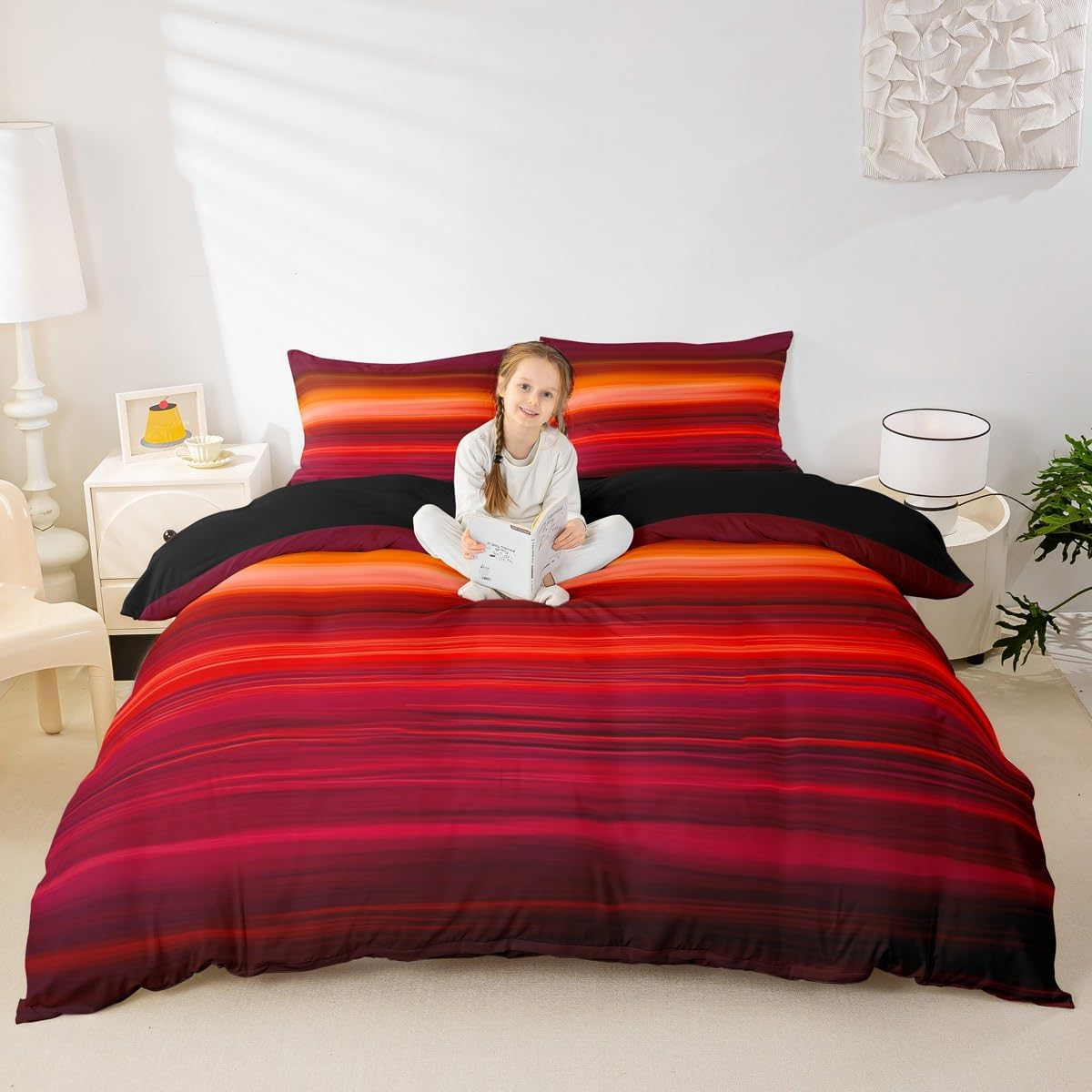 Red Print Comforter Cover Sunset Color Bedding Set Red Tropical Exotic Stripe Duvet Cover for Children Kids Boys Girls Microfiber Modern Design Bedspread Cover Room Decor Bedclothes Queen Size image number 2
