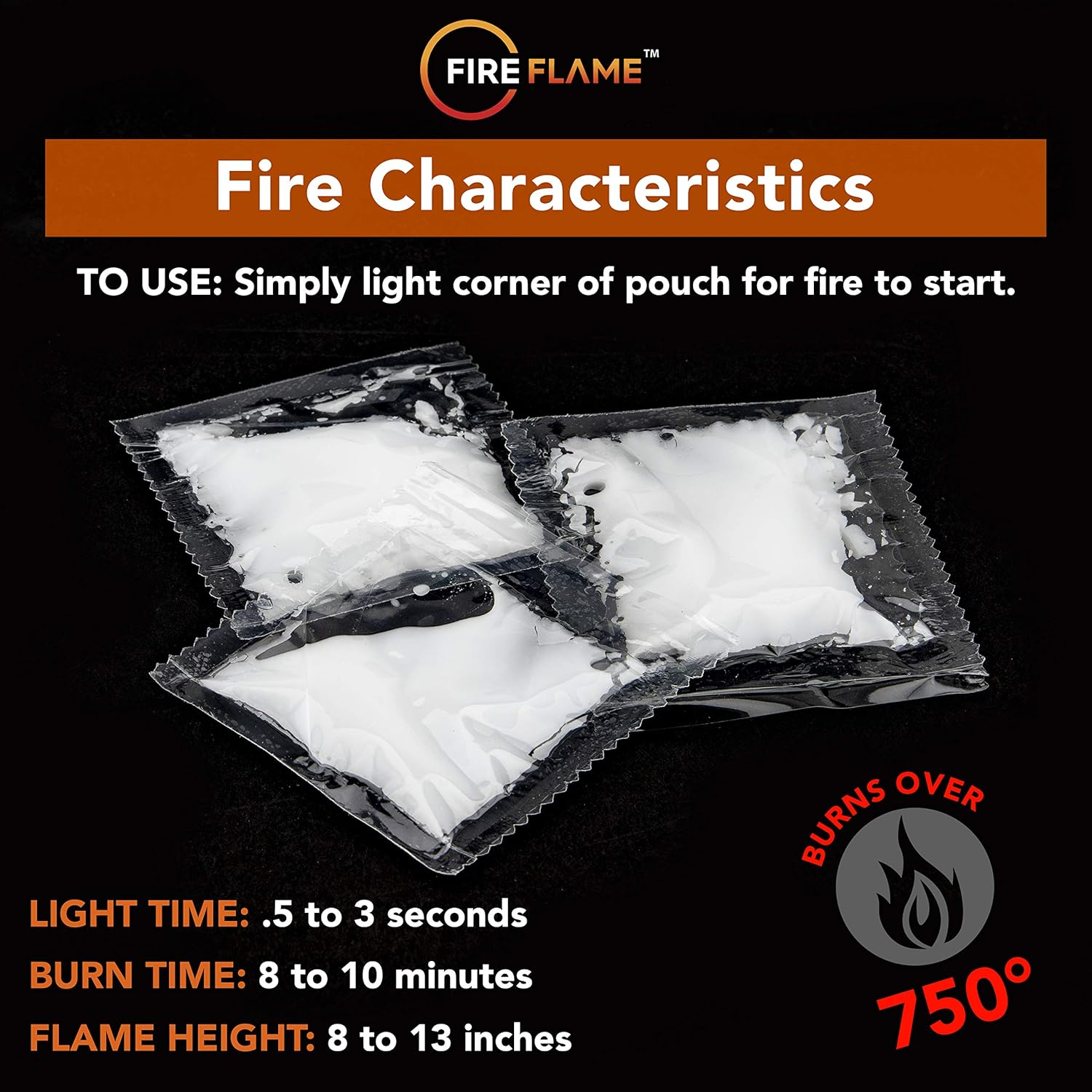 Fireflame Quick Instant Fire Starter -100% Waterproof All-Purpose Indoor & Outdoor Firestarter, for Charcoal Starter, Campfire, Fireplace, Firepit, Smoker - Odorless and Non-Toxic - 20 Pouches in Bag image number 4