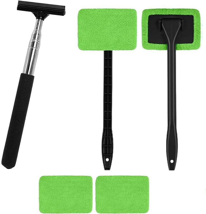 4Pcs Microfiber Car Window Cleaner Pads with Handles and Squeegee, Long Handle Microfiber Windshield Cleaning Wand Cloth Demister Pad, Microfiber Auto Window Cleaner Set image number 1