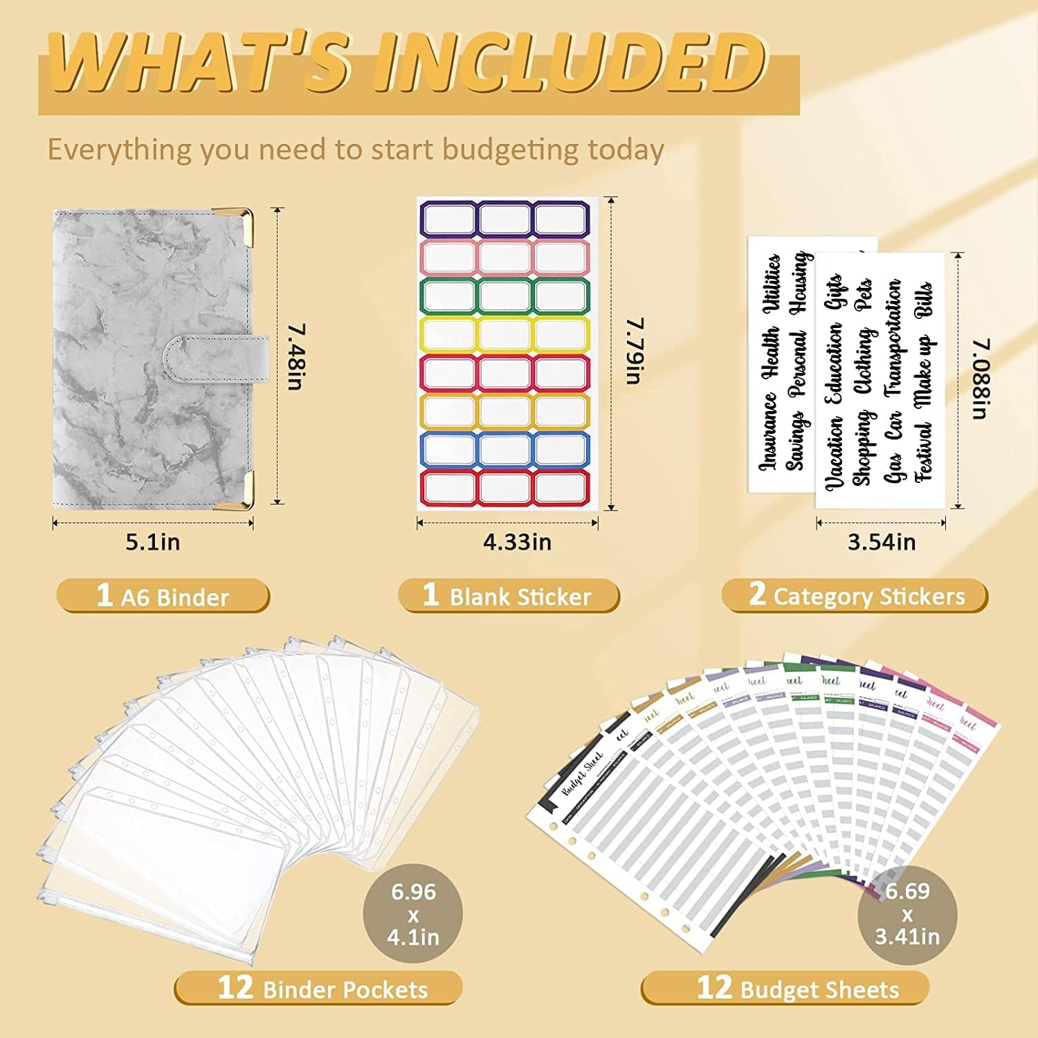 MATHARAGO Budget Binder, Cash Envelopes for Budgeting, Money Organizer for Cash, 12Pcs Budget Binder with Cash Envelopes, Marble 6-Ring Money Saving Binder (Grey) image number 2