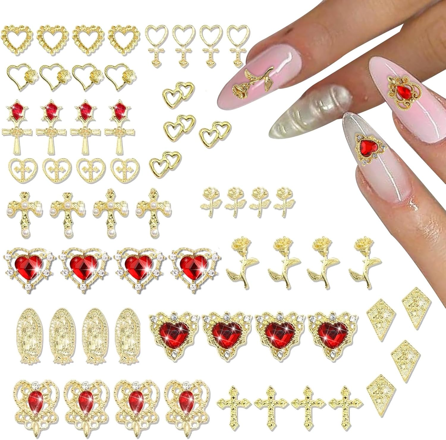 60PCS Nail Charms and Gems Gold & Red - 3D Elegant Nail Art Charms for Stunning Decorations - Jewelry for Manicure, DIY Craft, and Professional Design (Rose, Heart, Gold Cross) image number 5
