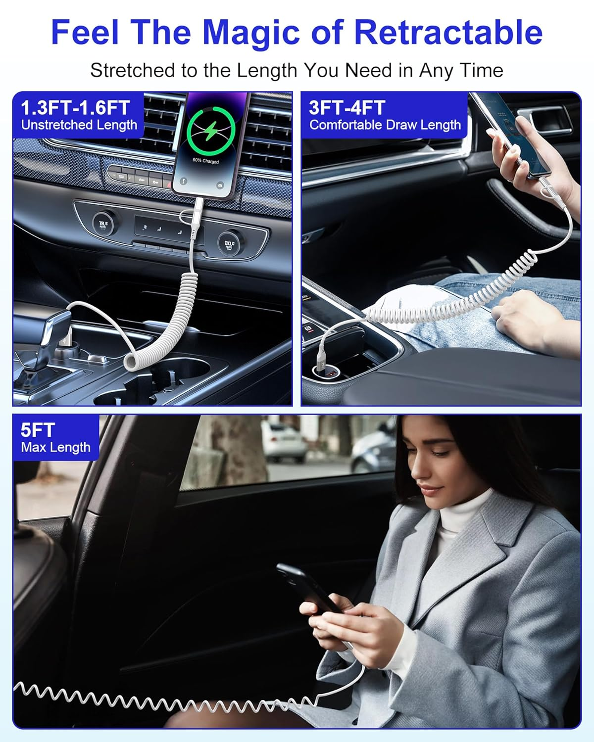 Mfi Certified Retractable Car Charger Cable 2-In-1 USB to Lightning and USB-C Coiled Cord with 3A Fast Charge & Apple Carplay & Android Auto Sync for Iphone 16/15/14/13, Samsung, Pixel image number 2