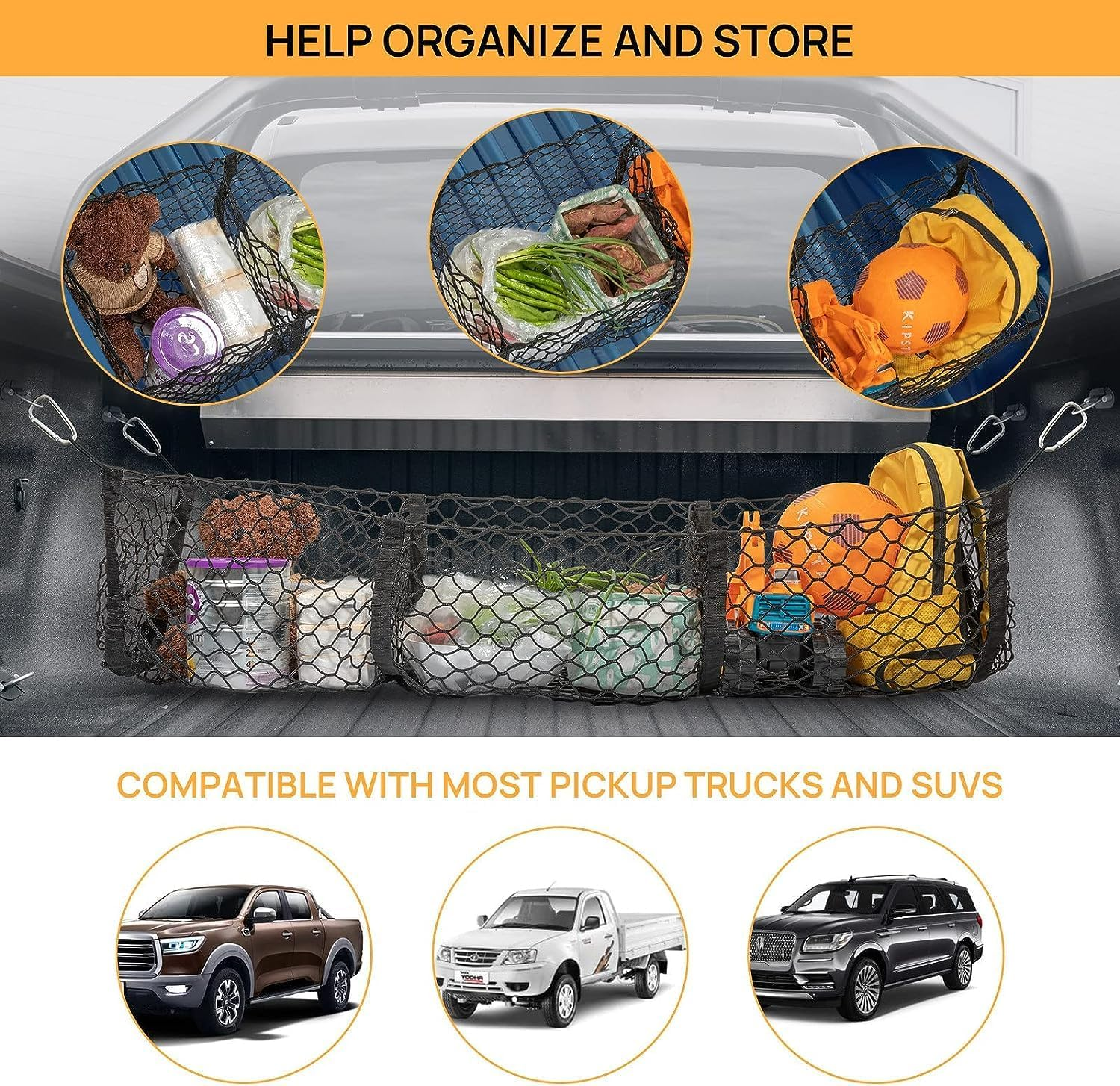 Cargo Net Trunk Bed Organizer,Mesh Storage Net with 4 Metal Hooks,43.3&times;11.8 Inch Heavy Duty Cargo Net for Suv,Car,Toyota,Pickup Truck Bed,Truck Accessories Bed Grocery Holder image number 1