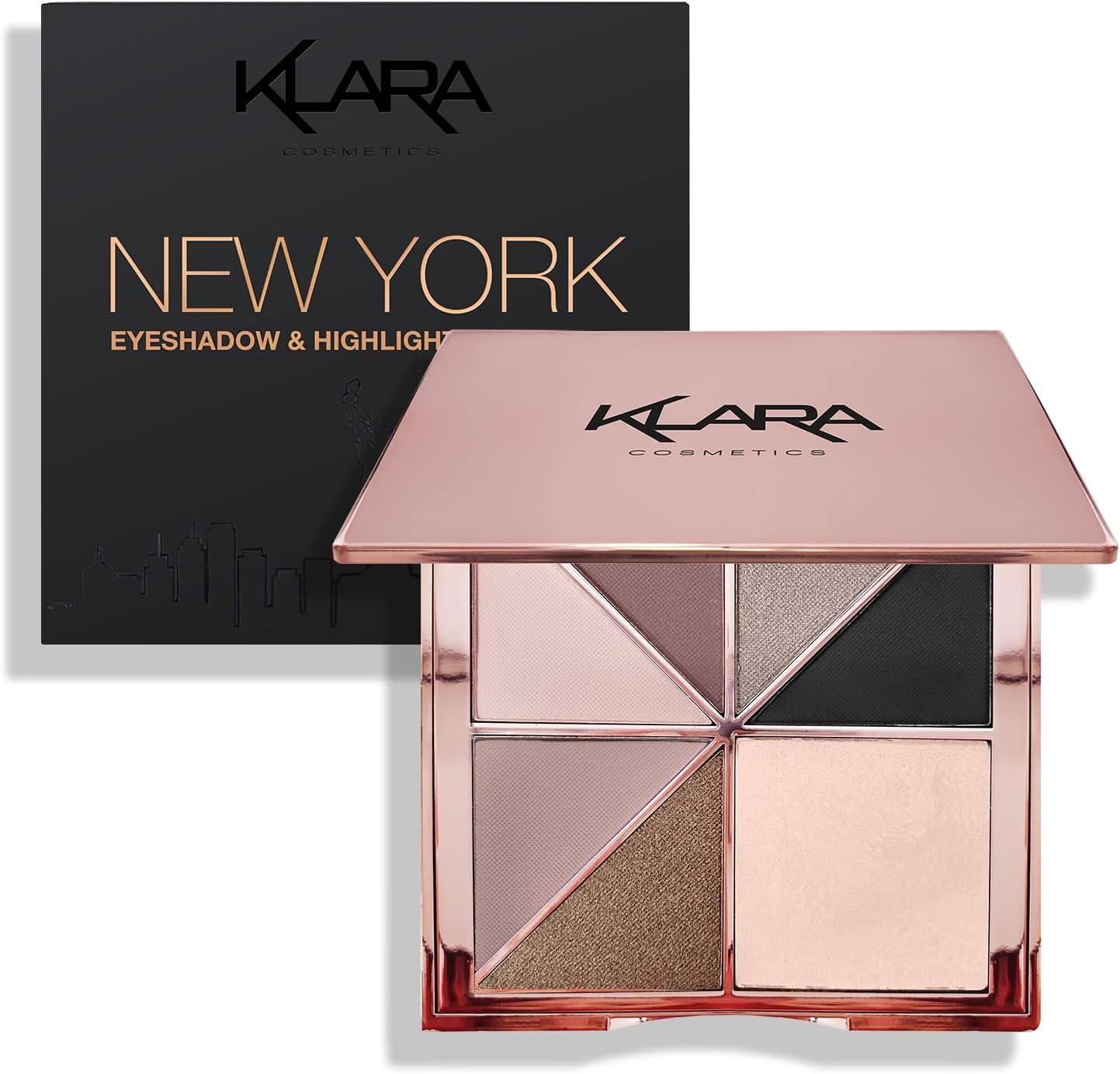 Klara Cosmetics New York Eyeshadow Highlight Palette Rosegold Shimmer Glitter Sparkle Luxury Versatile Crease-Free Easy-Blend Long Lasting Full Color Pigment