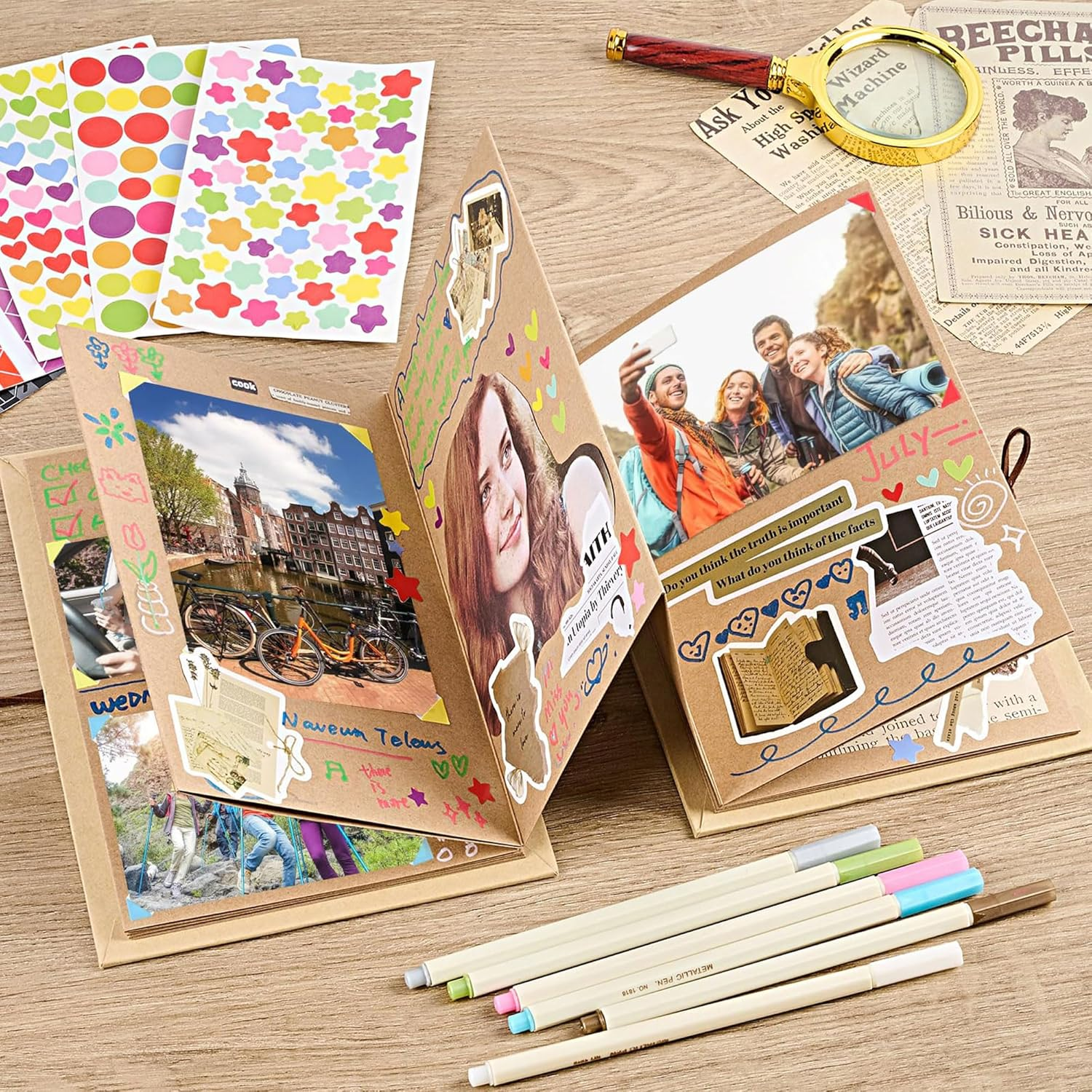 6 X 8 Inch Small Scrapbook Album with Brown Pages, Stretchable Folding Photo Album, Hardcover Memory Book Accordion Adventure Scrapbook - Inner Brown image number 6