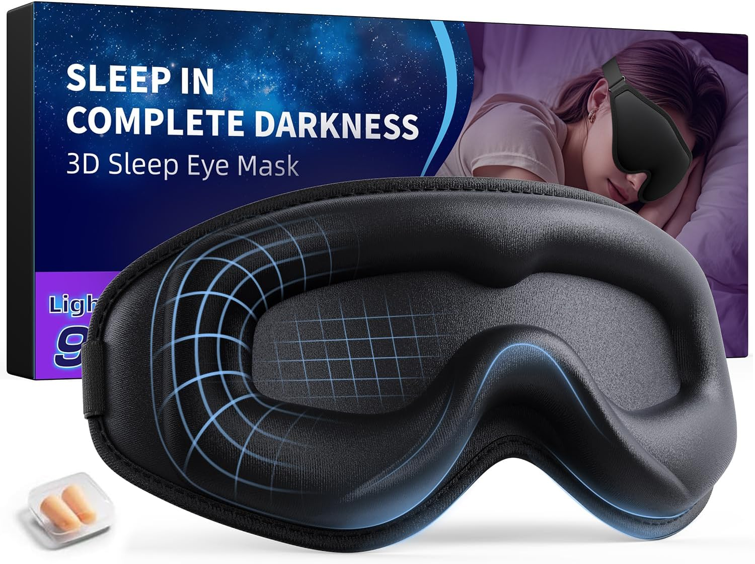 3D Sleep Mask [Side-Sleeper Friendly & 99.99% Blackout] Zero-Gravity Eye Masks for Sleep, Eye Mask Breathable, Sleeping Expert Certified, Washable & Light, for Women Men Travel/Airplane - Black image number 6