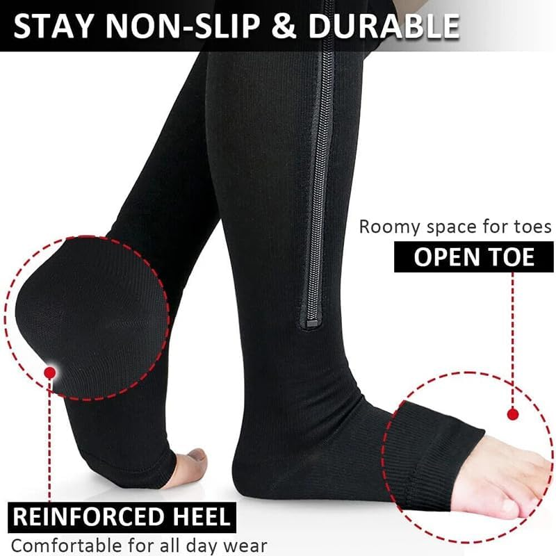 AIMALL Zip Compression Socks with Zipper, Open Toe Knee-High Leg Support Stockings for Swelling Relief, Varicose Veins, Travel & Sports, Unisex Design image number 3