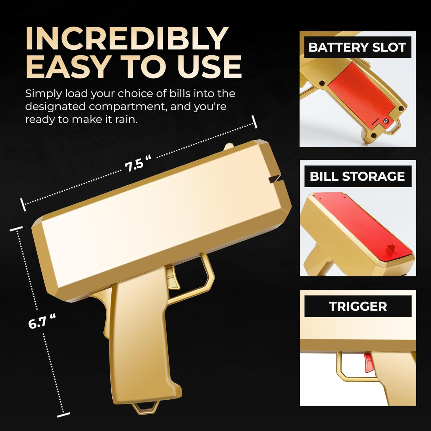 Gold Make It Rain Money Gun - Handheld Spray Cash Gun with 200 Pcs for Game Movies Party Supplies (Golden) image number 6
