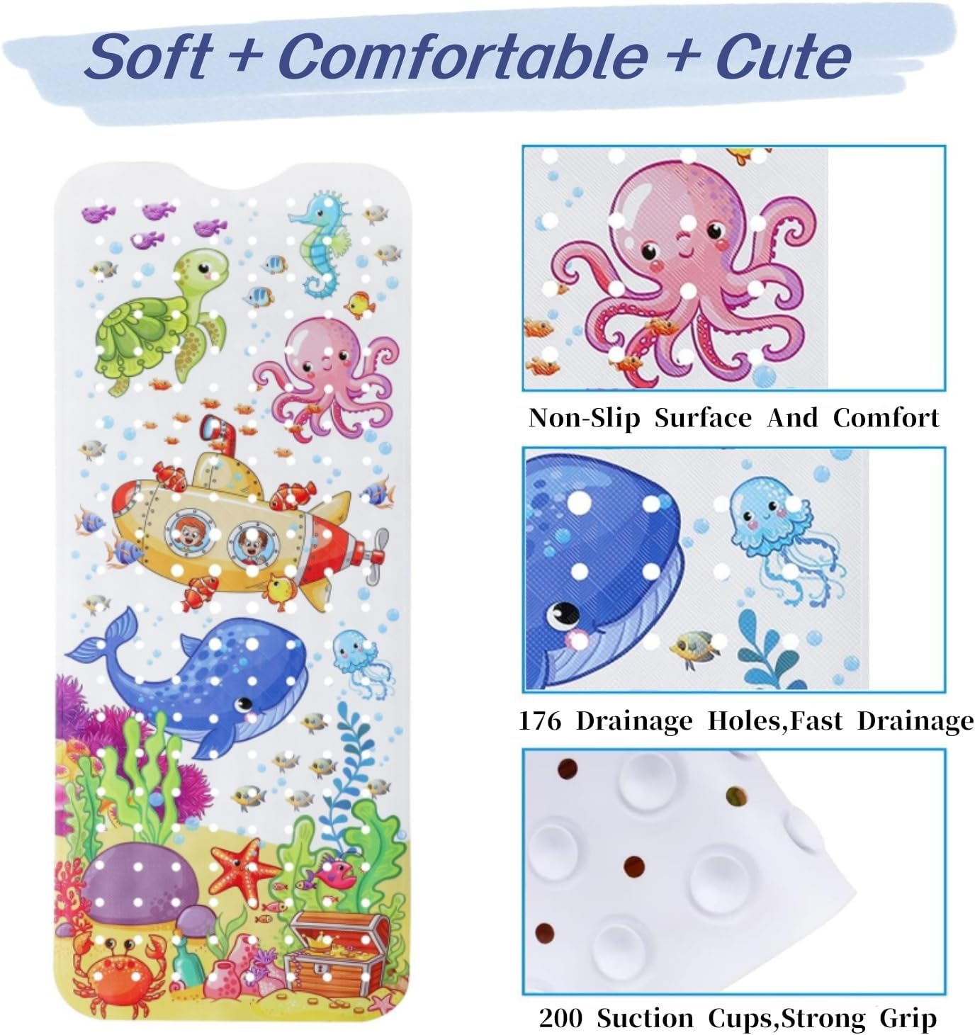 Bath Mats for Tub Kids,40X16 Inch Large Cartoon Non-Slip Bathroom Bathtub Kid Mat，Bath Mats with Suction Cups & Drain Holes,Machine Washable Bathroom Mats image number 5