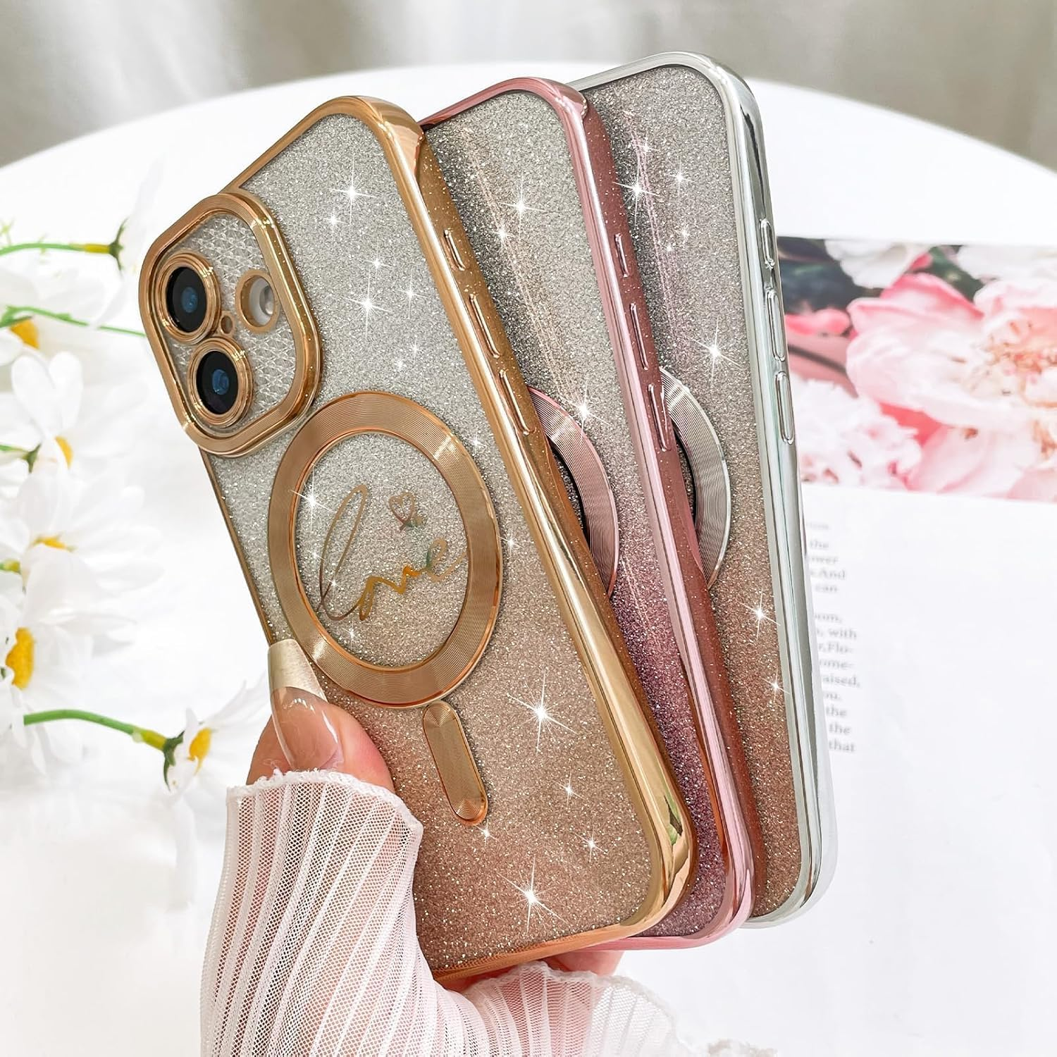 ELEPIK for Iphone 17 Case with Camera Protector, [Full Camera Cover Protection] [Compatible with Magsafe] [Love Heart Plating] [Glitter Bling Plating] Clear Magnetic Slim Phone Case, Gold image number 2