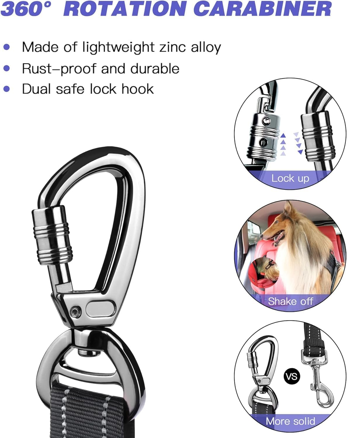 Petavee Dog Seat Belt for Car, Updated 3 in 1 Adjustable Dog Seat Belt for Car with Clip Hook Latch & Buckle, Heavy Duty Carabiner for Safe Travel, Black (25 to 32 Inches)