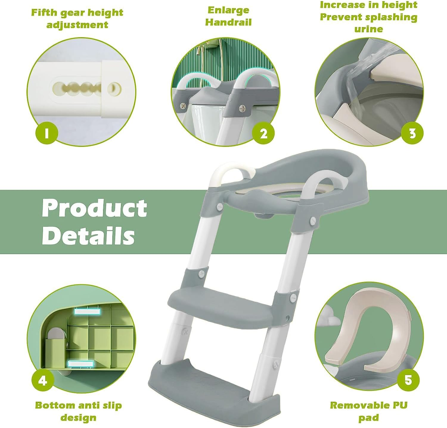 Potty Training Seat with Step Stool Ladder,Potty Training Toilet for Kids Boys Girls, Toddlers-Comfortable Safe Potty Seat with Anti-Slip Pads (Grey New) image number 3