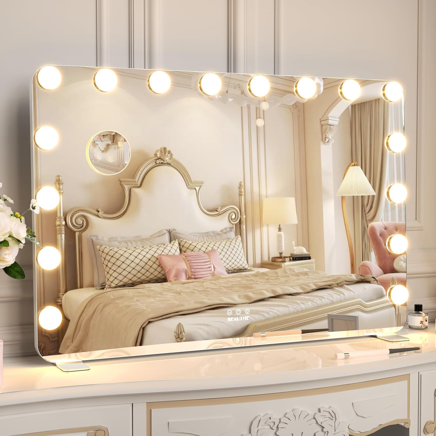 Vanity Mirror with Lights, White Hollywood Lighted Makeup Mirror with 14 Dimmable LED Bulbs for Dressing Room & Bedroom, Tabletop or Wall-Mounted, 60X50.7Cm