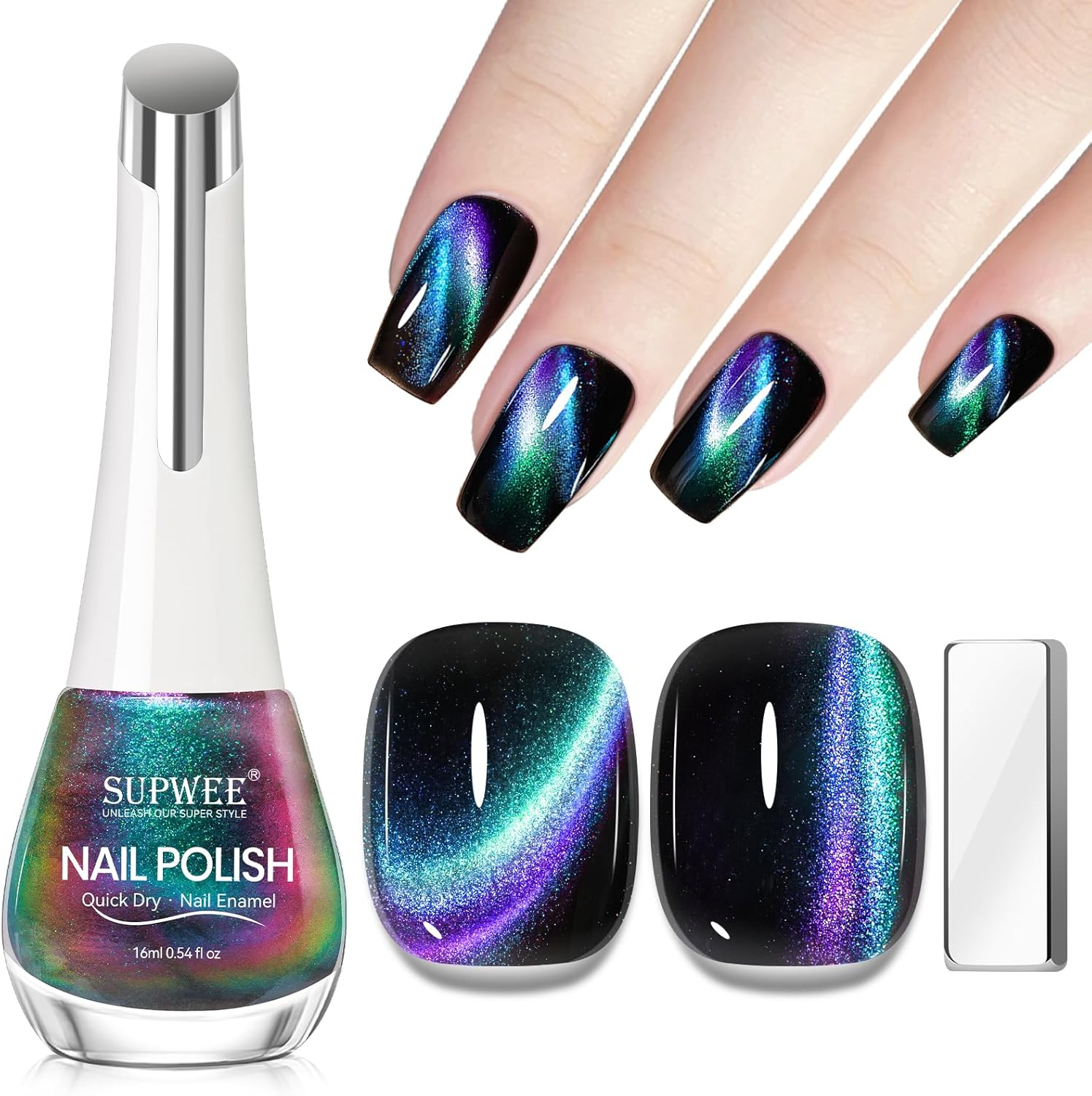 SUPWEE 9D Cat Eye Nail Polish - 16Ml Air Dry Magnetic Nail Polish with Magnet Stick, Holographic Galaxy Effect Chameleon Color Easily DIY Unique Nails Art image number 5