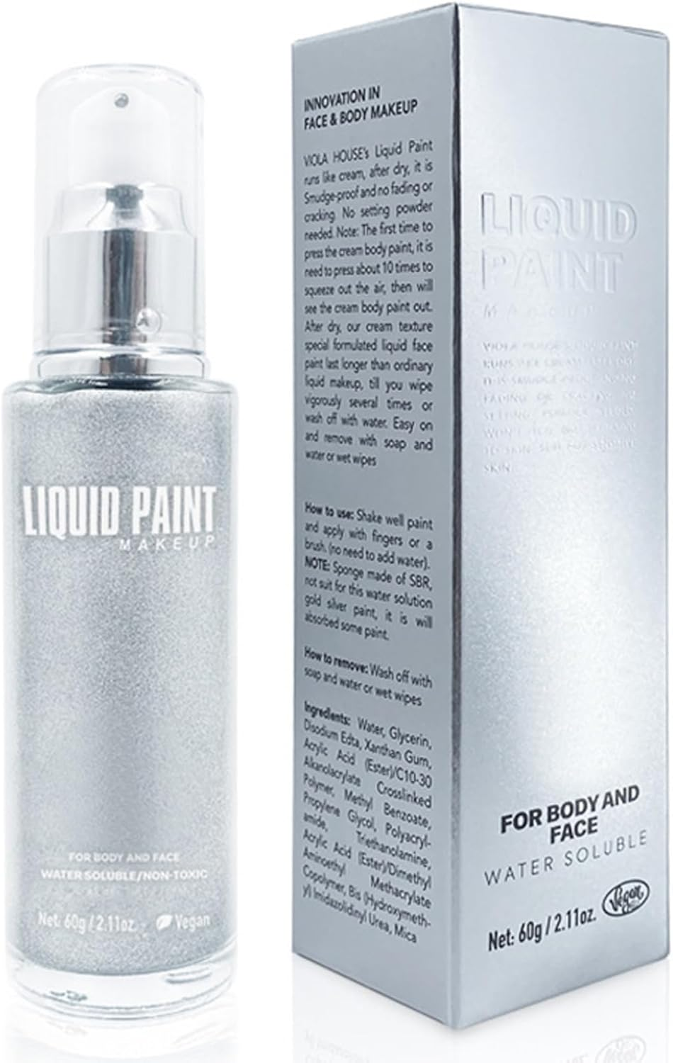 FEESHOW 60G High Gloss Metallic Body Luminizer Shimmer Lotion Moisturizing Makeup for Face and Body Waterproof Long Lasting Cream Foundation Liquid Paint Silver One Size image number 1