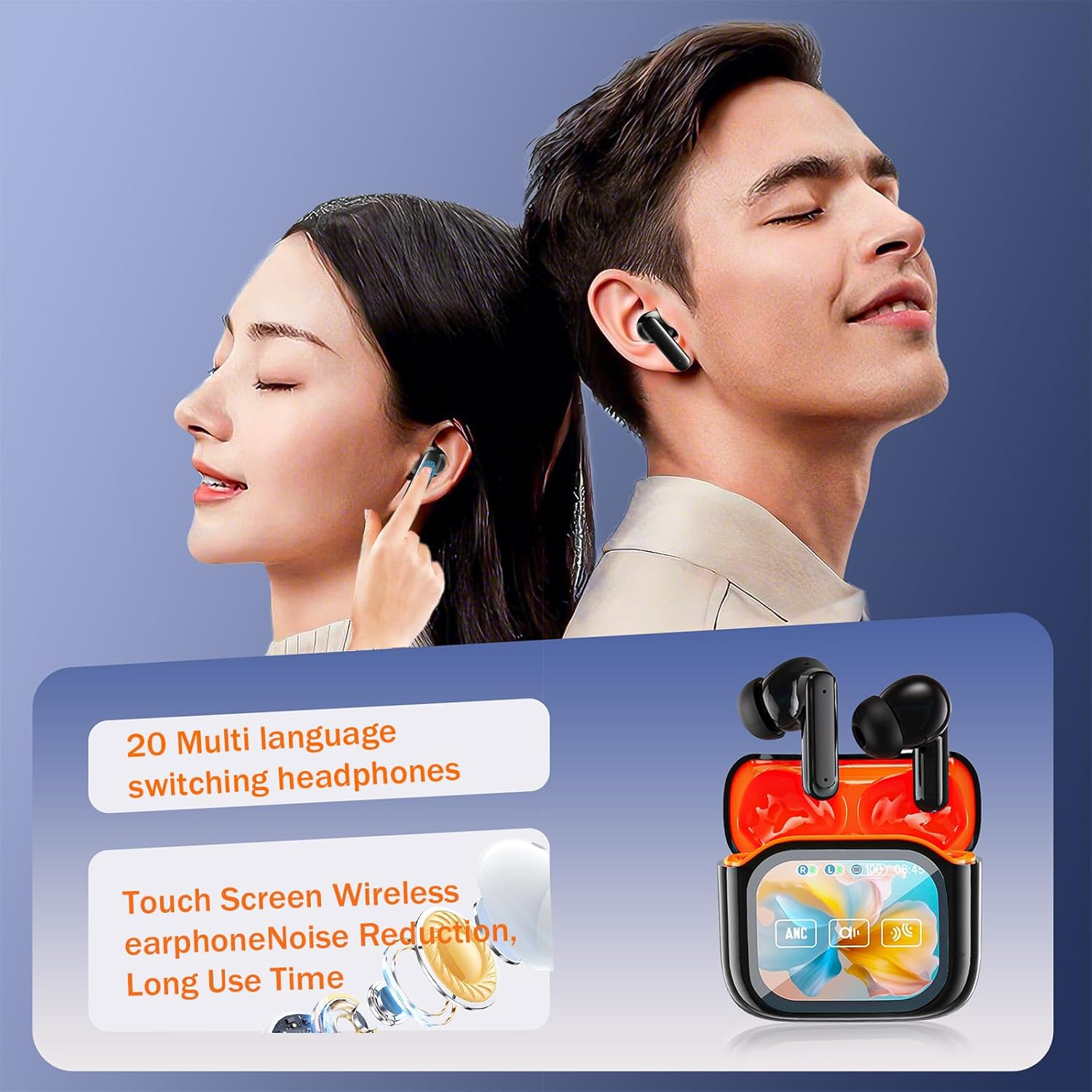 Bluetooth Headphones, In-Ear Headphones Wireless with Touch Screen, Bluetooth 5.4 with ANC/ENC Noise Cancelling Mic, 60H Playtime, Deep Bass Earbuds with Hifi Sound/7 EQ Modes, IPX7 Waterproof image number 1