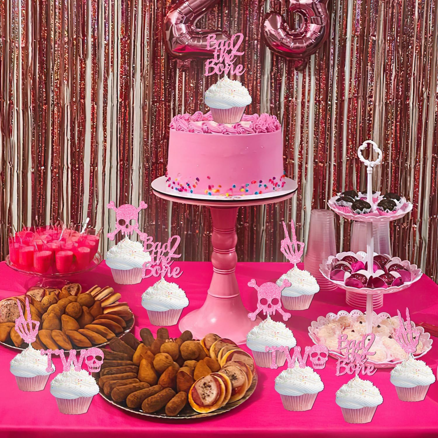 Bad Two the Bone Cake Toppers 36PCS Pink Gold Glitter Rock N Roll 2Nd Cake Toppers Bone Skull Birthday Cake Decorations Rock Music Theme Cake Decorations for Girls 2Nd Bday Party Supplies image number 2