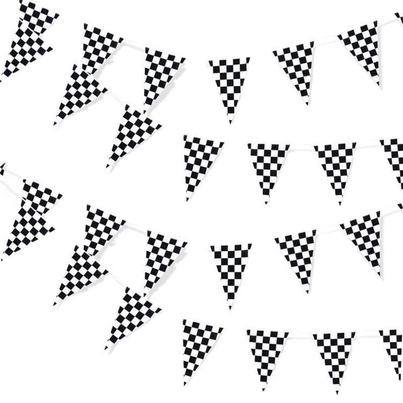 48Pcs Black White Lattice Checkered Flag Bunting Banner, Betterjonny 4 Pack Reusable Pennant Banner Triangle Racing Flag Bunting Pennant Banner for Party Christmas Birthday Bedroom Decoration