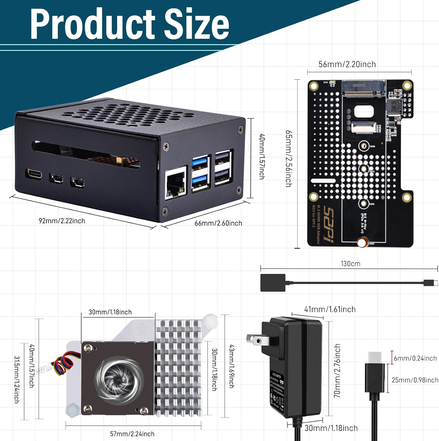 Geeekpi Starter Kit for Raspberry Pi 5 8GB, with Raspberry Pi 5 & Active Cooler, N04 M.2 Nvme SSD Pcie Peripheral Board, Case 64GB Card, Card Reader, HDMI Cables and 27W USB C Power Supply image number 6