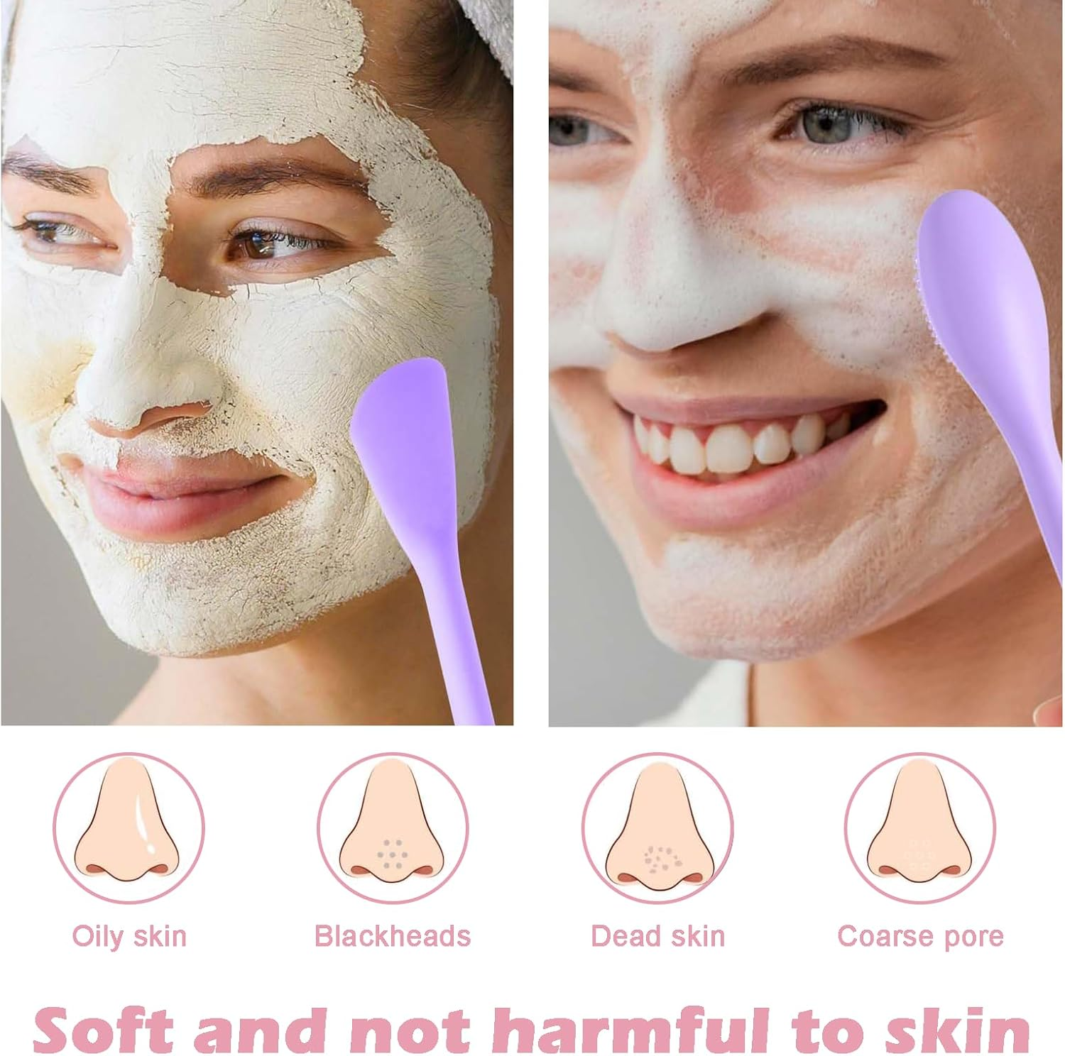 2 Pcs Pore Cleaning Brush, 2 in 1 Siliconepore Scrubber, Double-Sized Face Mask Brush Scrubber Applicator Facial Tools for Clay Mud Charcoal Face Mask (Purple+Grey) image number 4