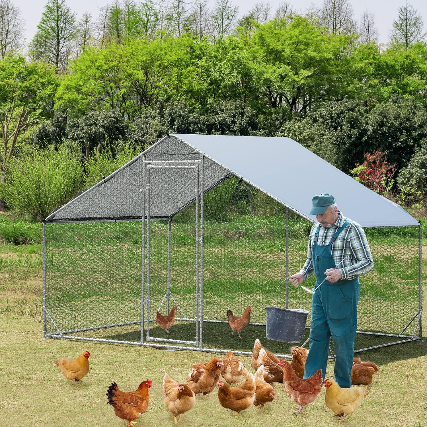 Costway Large Spire-Shaped Chicken Coop, Galvanized Metal Hen House with Waterproof & Sun-Protective Cover, Walk-In Pen Run for Chicken, Rabbits, Ducks, Poultry Cage, Rabbit Hutch Ferret Cage image number 5