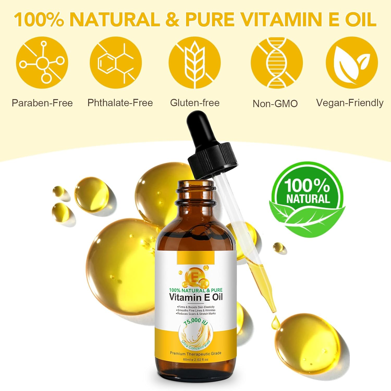 Vitamin E Oil 75,000 IU 2 Fl Oz - Pure Vitamin E Oil for Skin, Face, Hair, Body - Natural for Dryness, Wrinkles, Scars & Stretch Marks, Body Bath Oils Moisturizing and Firming Skin image number 1