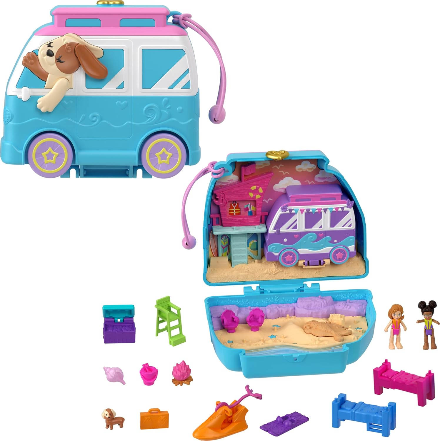 Polly Pocket Dolls and Playset, Travel Toy with Fidget Exterior, Seaside Puppy Ride Compact with 11 Accessories image number 3