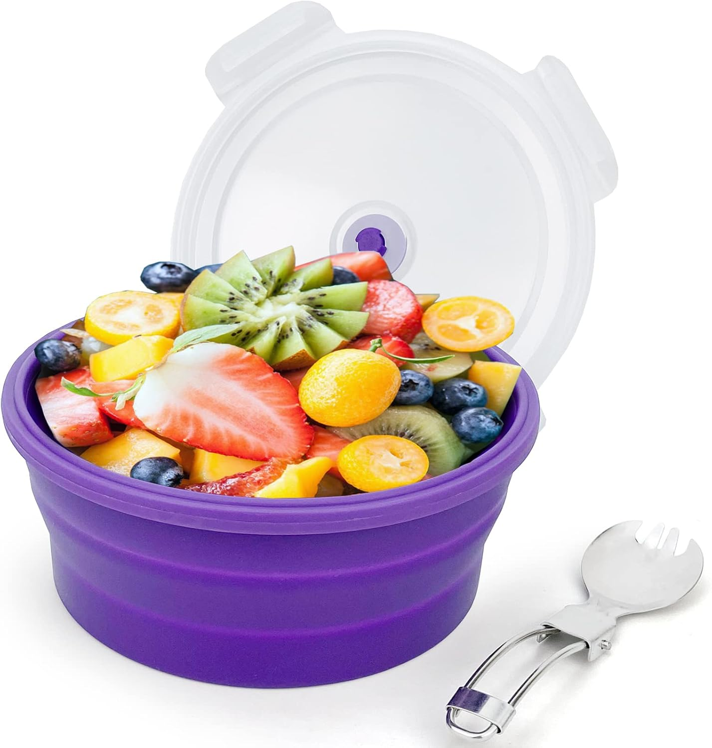 Lunbengo 1200Ml Large Camping Bowl with Foldable Spoon, Collapsible Bowl with Lid, Silicone Bento Box, for Travel Camping Meal Prep & Food Storage, Microwave Dishwasher Safe, Purple