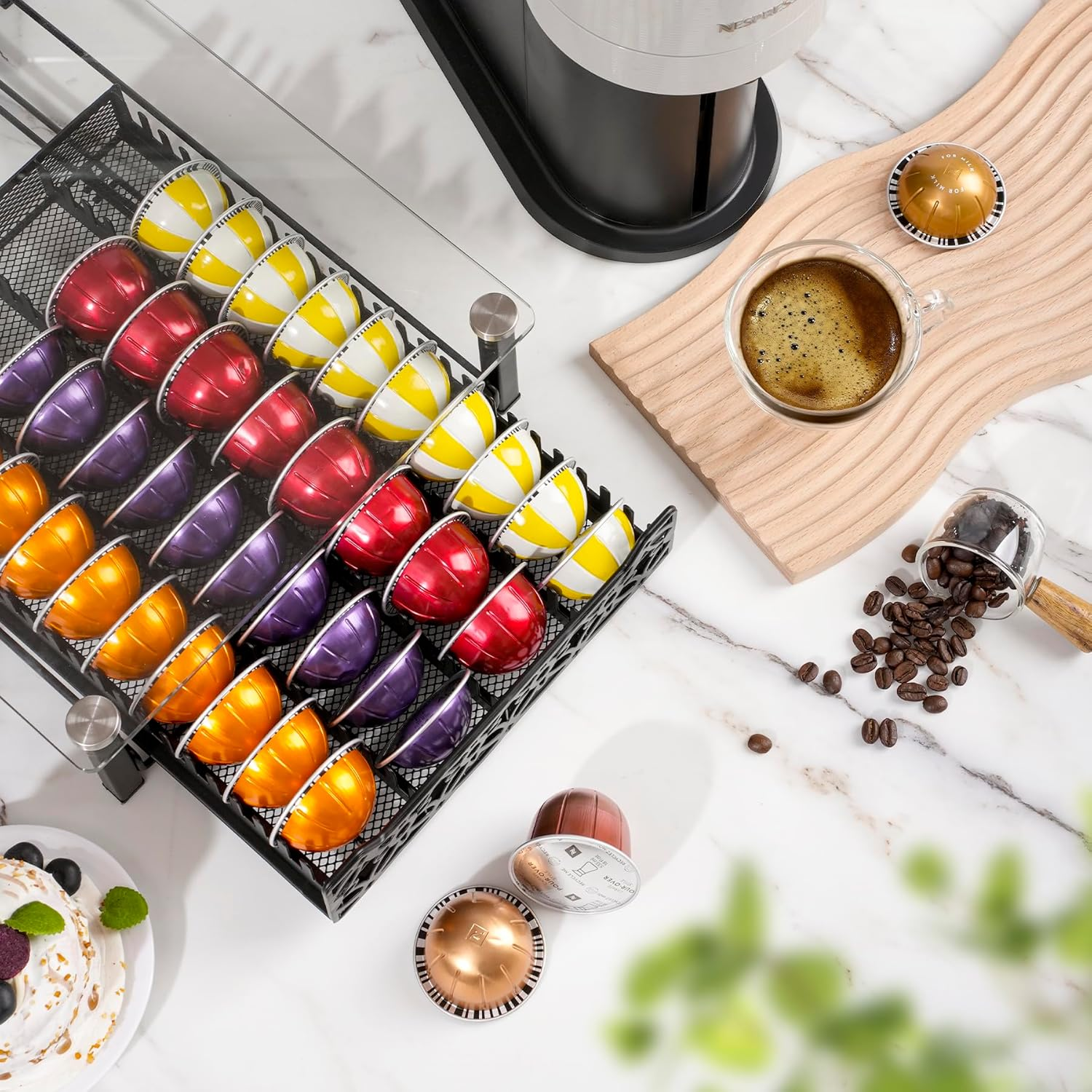 RECAPS Coffee Pod Storage Holder Drawer Tempered Glass Organizer Kitchen Compatible with Nespresso Vertuo Capsules, K Pod Drawer Coffee Maker Machine Stand image number 6