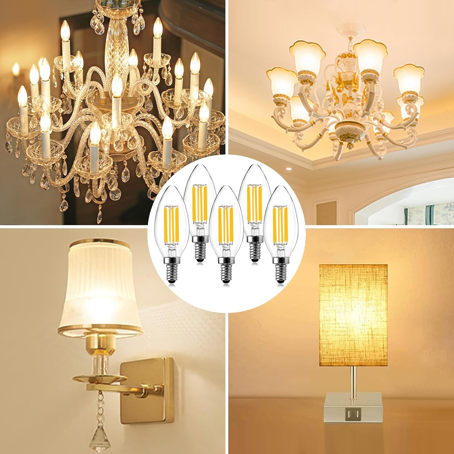 BRIMAX E14 LED Candle Bulb Dimmable 6W 60W Equivalent Warm White 2700K Ses(Small Edison Screw) LED Chandelier Bulbs C35 Vintage Filament Energy Saving Candelabra Light Bulb 5 Packs image number 5