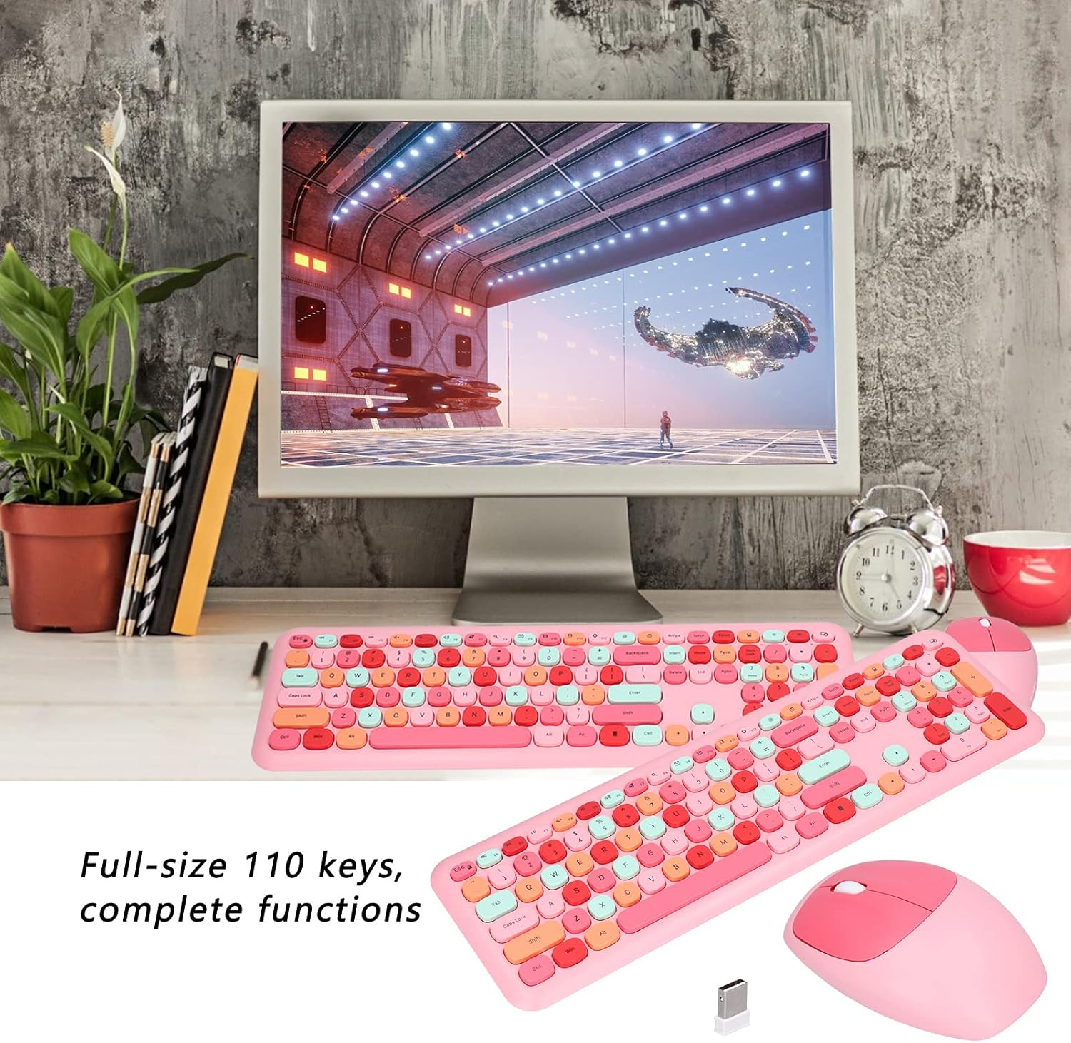 Wireless Keyboard and Mouse Set, Retro Style, Ergonomic Angle, Power Saving Technology, Multi Color, Mute Cover, for Home Office (Mixed Color Keyboard and Mouse Set)