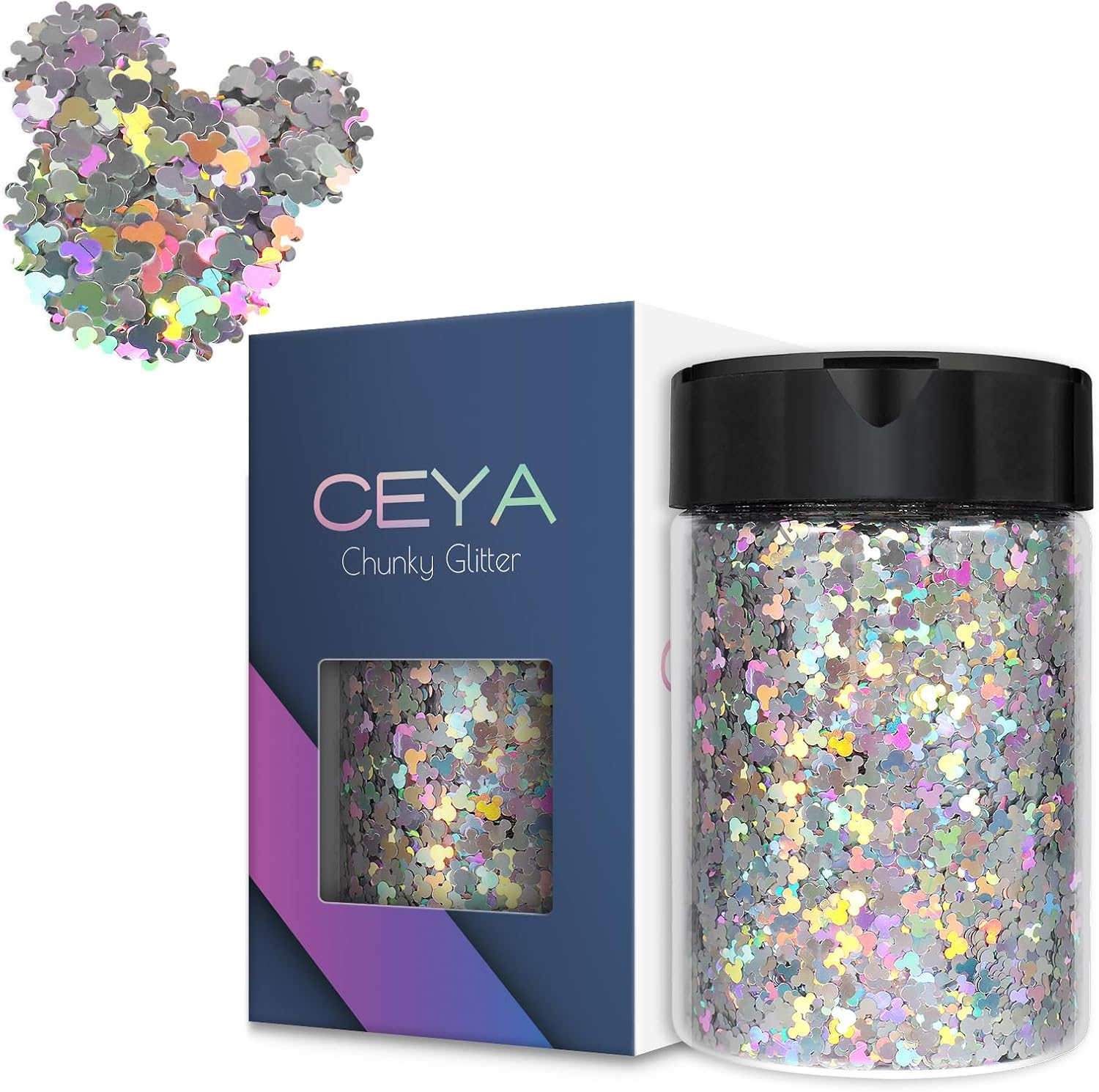 Ceya Holographic Mickay Mouse 4Mm Confetti Glitter,4.4Oz/ 125G Laser Silver Chunky Glitter Resin Sparkle Flakes Iridescent Nail Sequins for Crafts Resin, Slime, Home DIY, Birthday Party, Wedding Decor