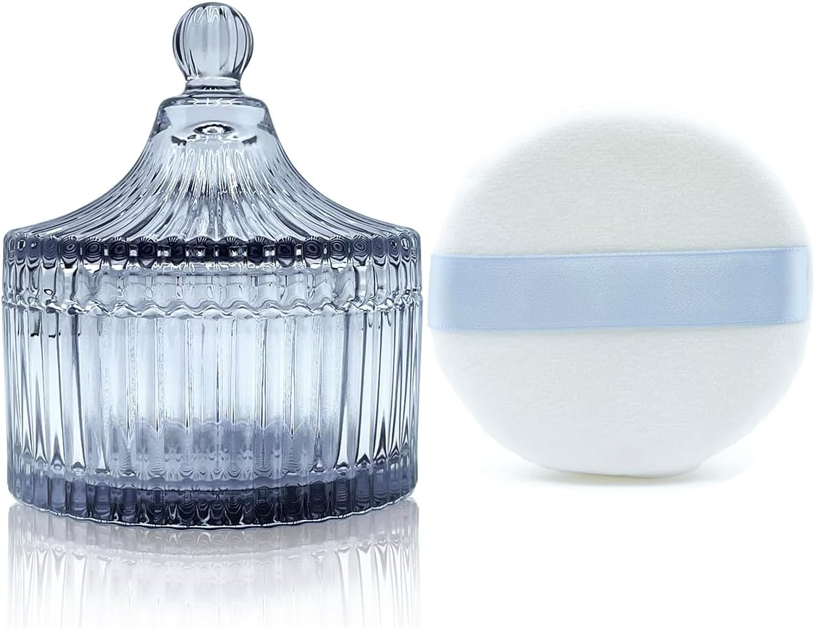 Ultra Soft Powder Puff and Container 3.3" High Density Velvet Dusting Washable Reusable Powder Puff,Body Powder Puff and Glass Jar Holder Loose Powder Box with Puff for Face Makeup(Gray) - Yurt-Amber image number 4