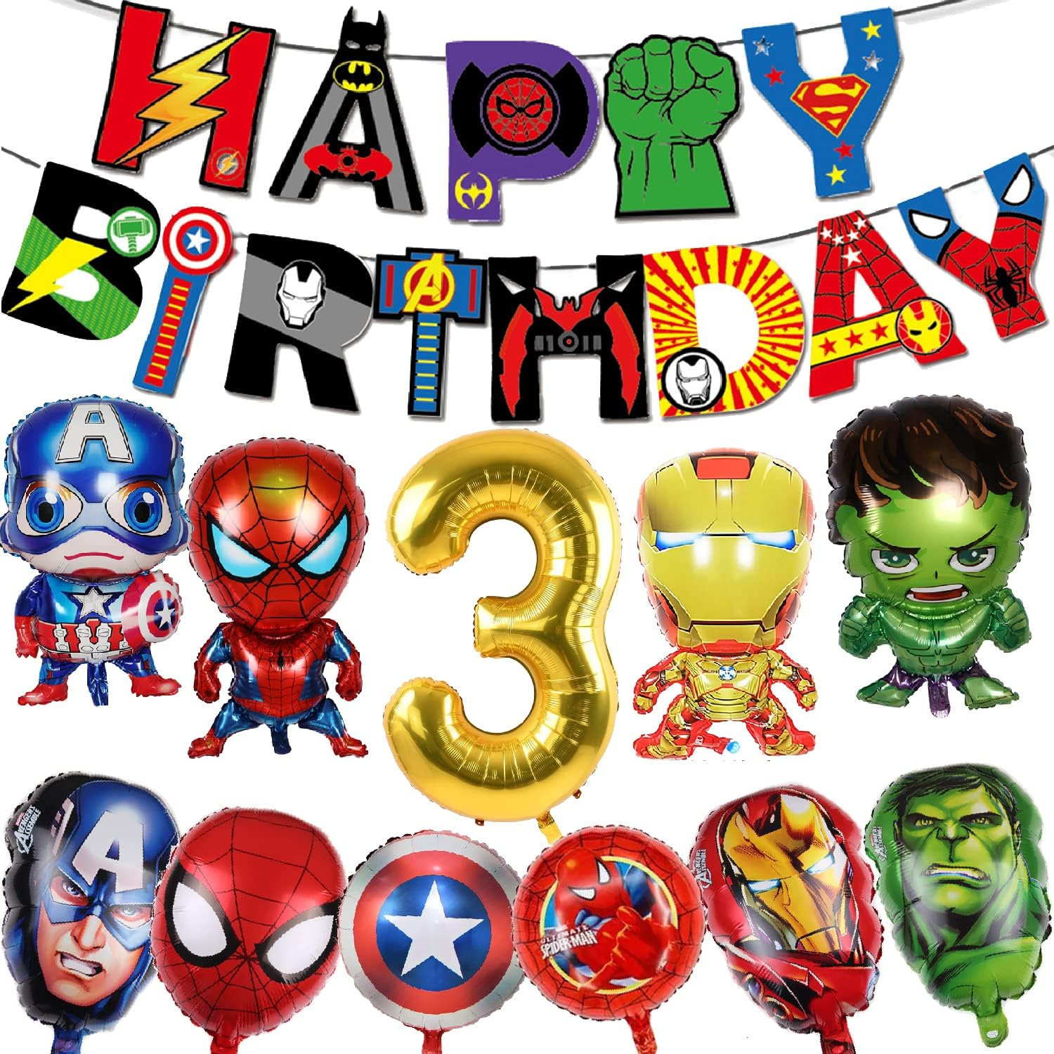 Superhero Birthday Party Decorations,3Th Birthday Party Supplies - Happy Birthday Banner Super Hero Large Foil Balloons for Kid'S Boys, Girls Superhero Themem Party Decor Supplies(3Rd) image number 4