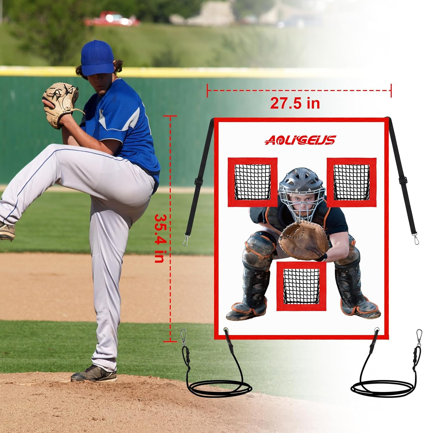 AOLIGEIJS Adjustable Pitching Pad, 3 Pocket Strike Zone Target for Baseball & Softball Net, with Realistic Catcher for Accuracy Training