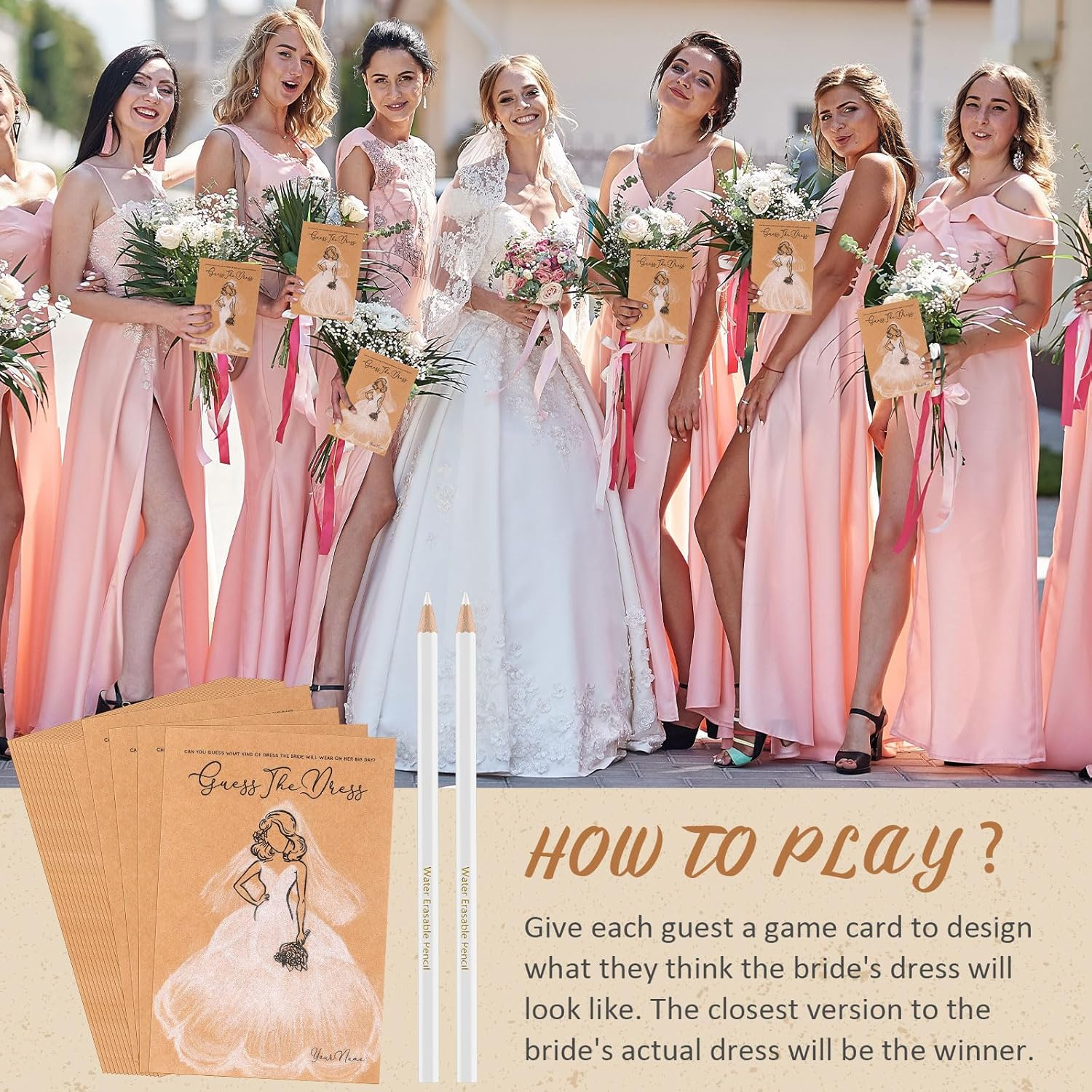 Fulmoon 30 Sets Guess the Dress Bridal Shower Games for Guests Include Wedding Shower Games Cards and Water Soluble Pencils Fun Wedding Decorations Party Supplies Games Ideas (Brown) - Pink, 30 image number 5