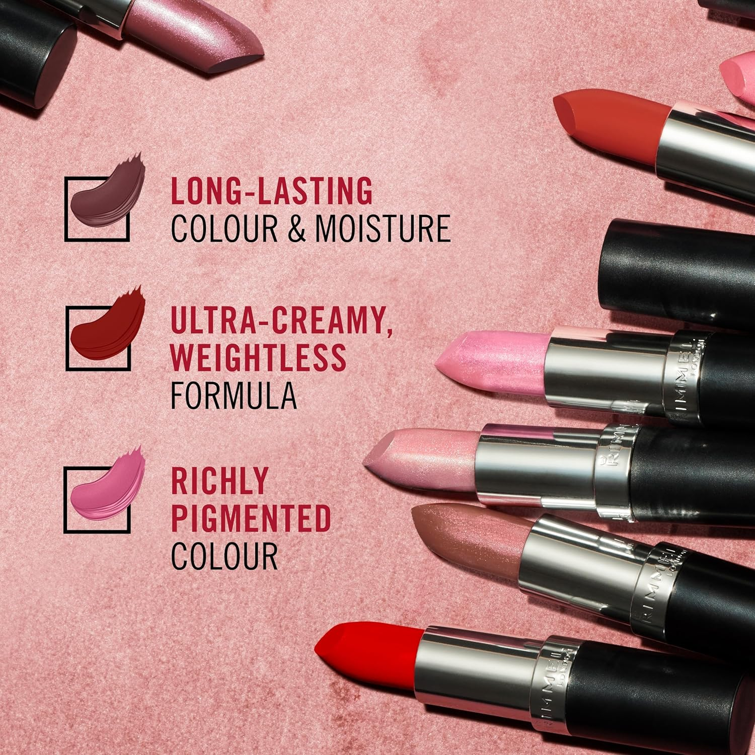 Rimmel Lasting Finish, 290 Sunset Rose, Satin Lipstick, Long-Lasting, Satin Finish, Rich Colour, Moisturising, Vegan Formula