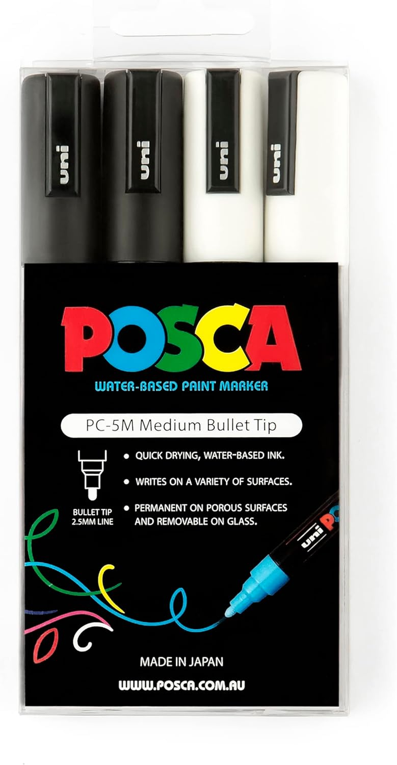 Posca PC5M 2.5Mm Medium Bullet Tip Marker, Black/White (4 Piece Set) image number 1